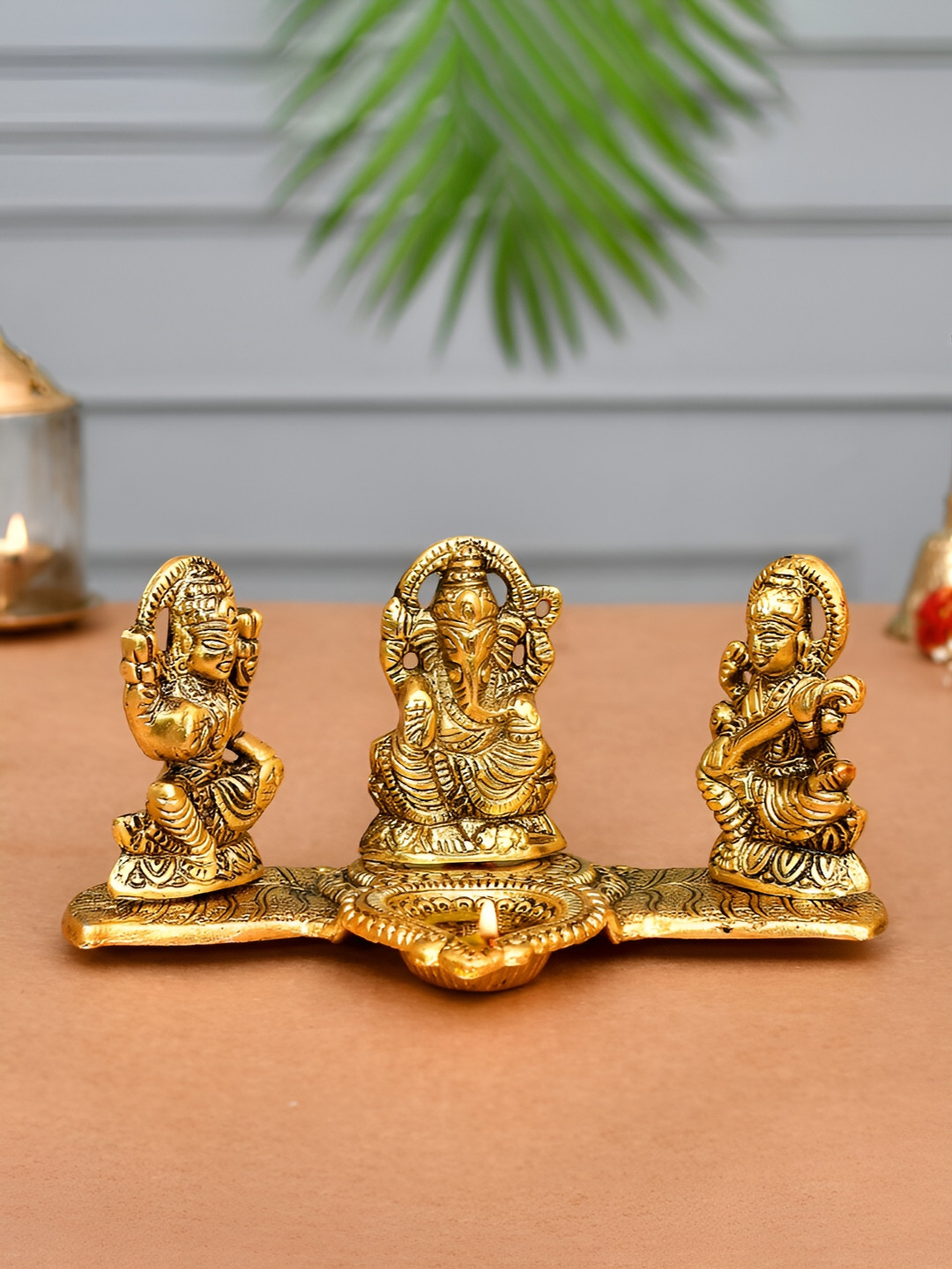 CraftVatika Lakshmi Ganesha Saraswati with Diya Brown Metal Metallic Living Room Small Showpiece - 4 Inches