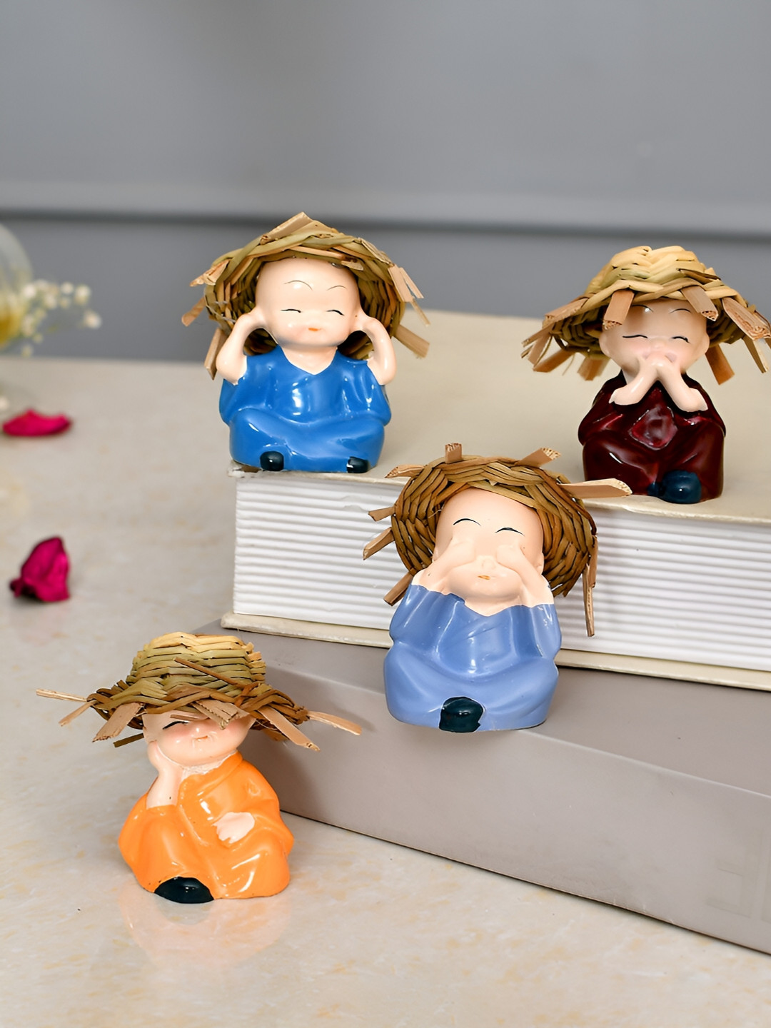 CraftVatika Baby Monk Buddha Blue Polyresin Matte Home Office Set of 4 Small Showpieces - 2.4 Inches