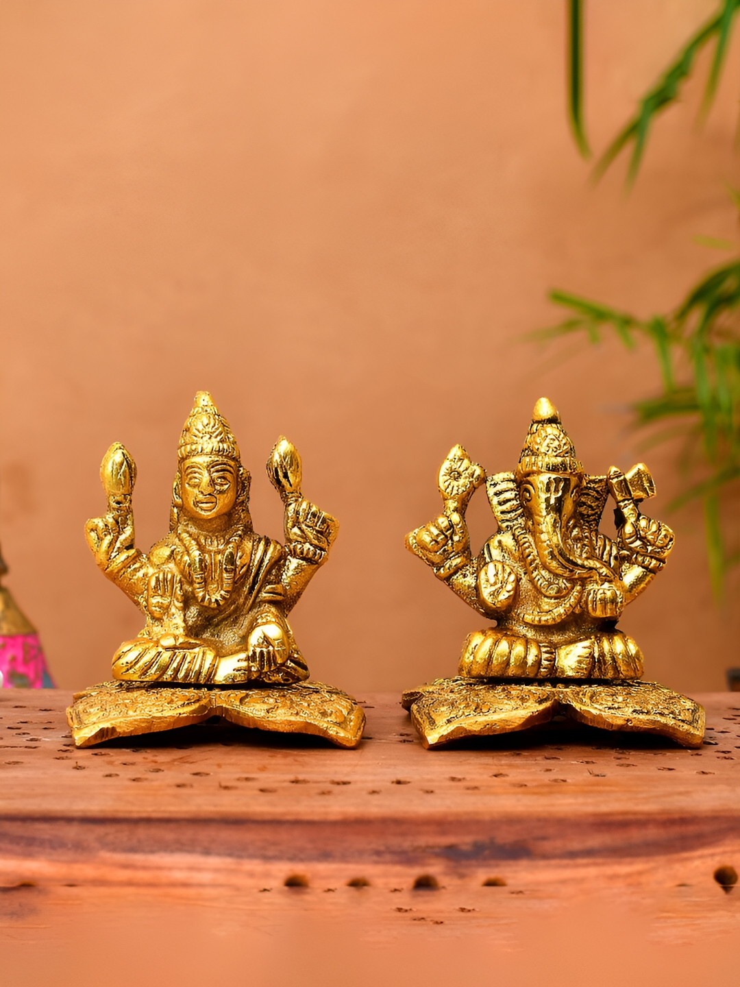 CraftVatika Lakshmi Ganesha Gold Metal Metallic Prayer Room Set of 2 Small Showpieces - 2.8 Inches