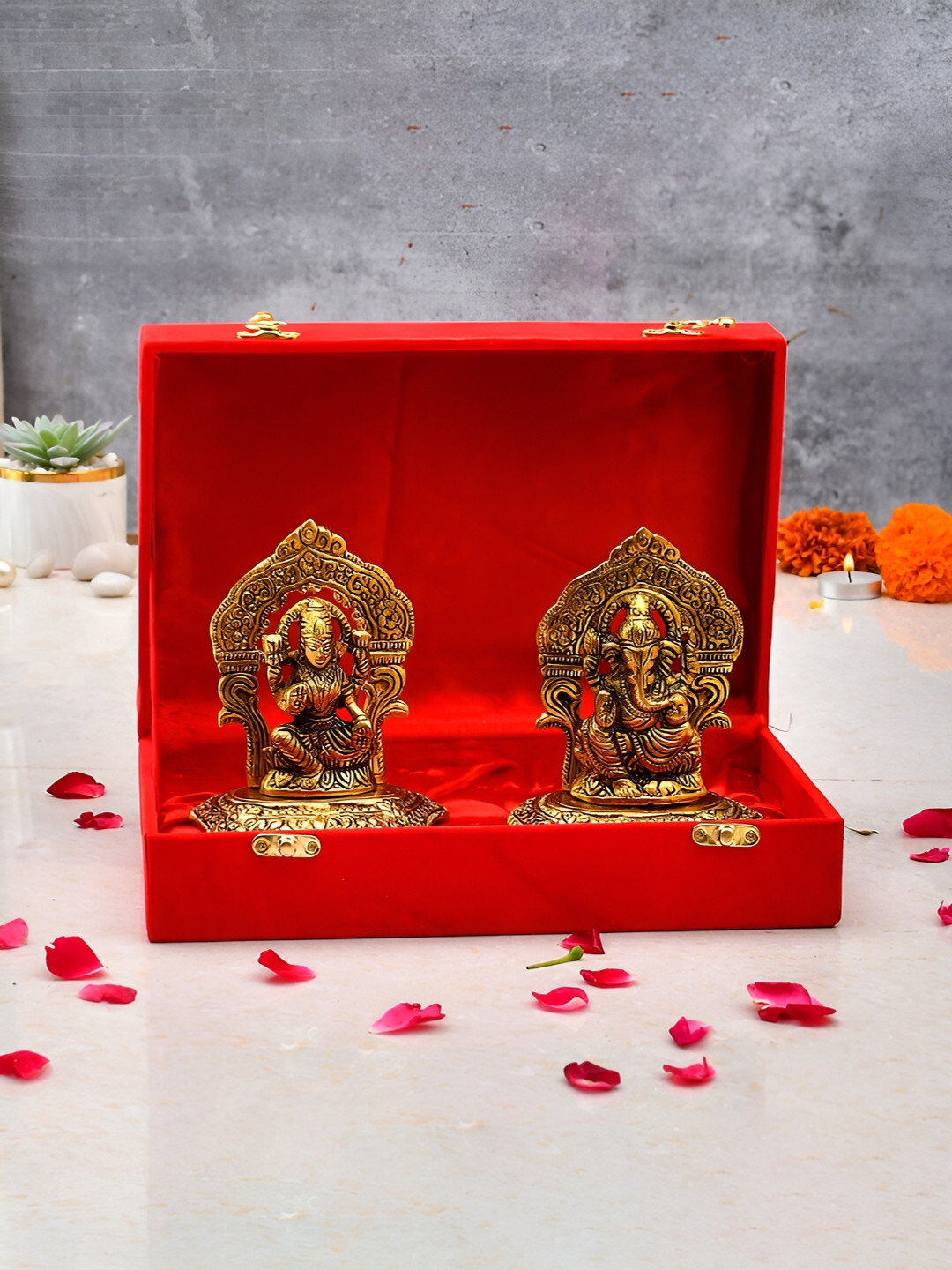 CraftVatika Lakshmi Ganesh Gold Metal Metallic Prayer Room Set of 2 Small Showpieces - 5 Inches