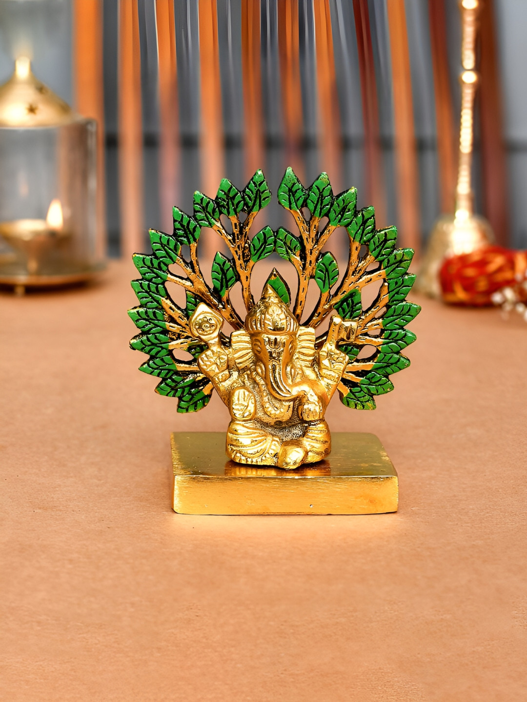 CraftVatika Ganesha Beige Metal Metallic Prayer Room Small Showpiece - 4.3 Inches