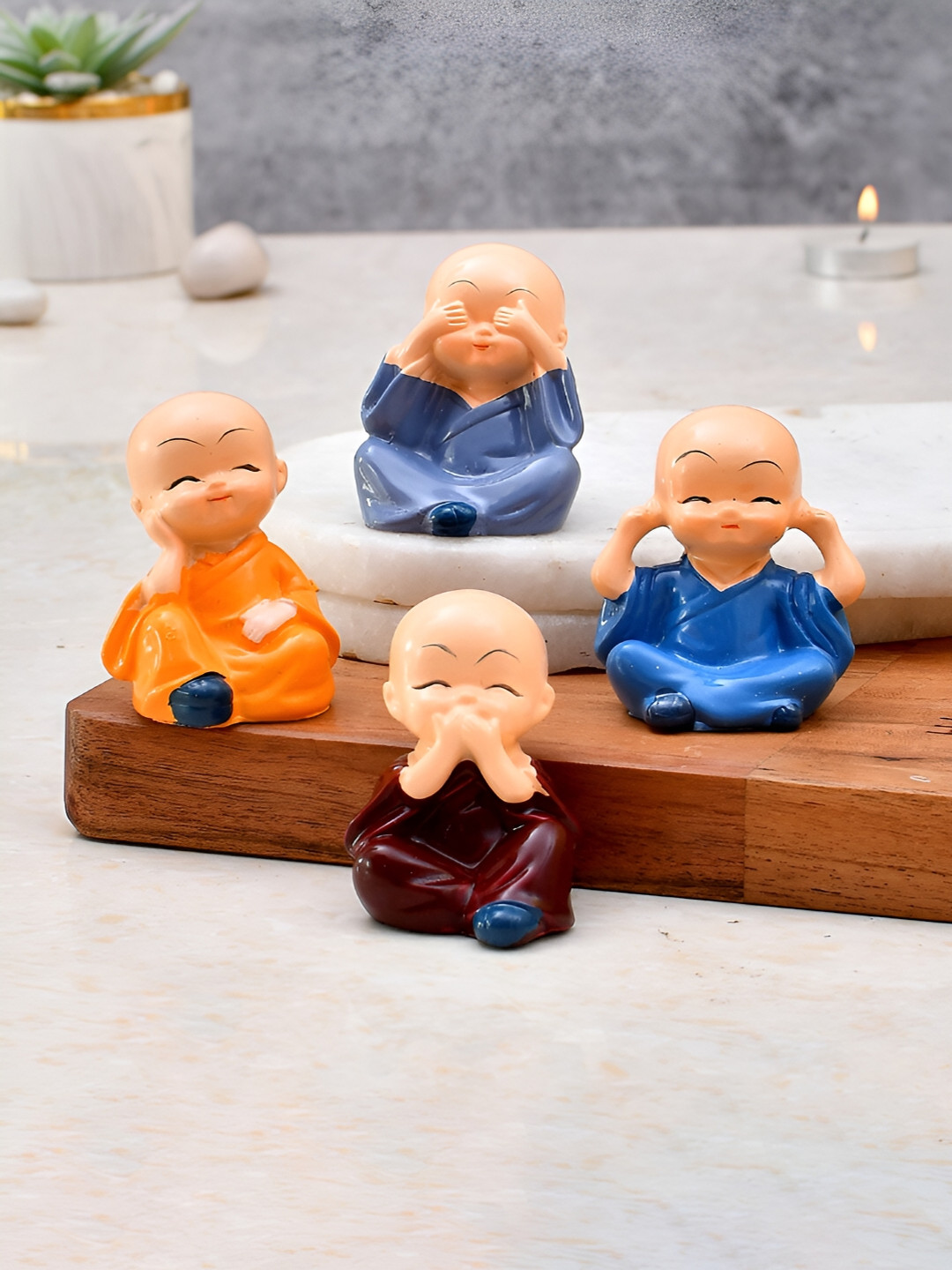 CraftVatika Buddha Monk Blue Polyresin Glossy Living Room Set of 4 Small Showpieces - 1 Inches