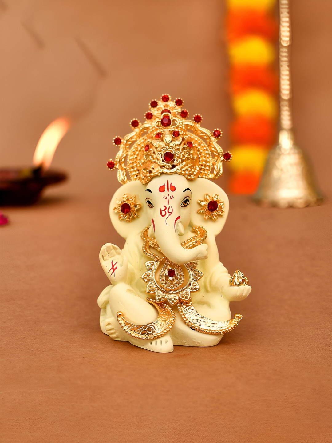 CraftVatika Ganesh Cream Ceramic Glossy Living Room Small Showpiece - 3.5 Inches