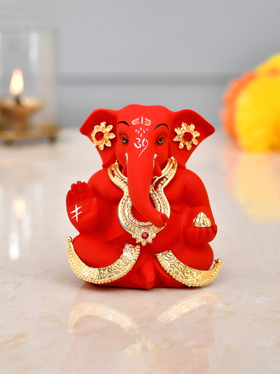 CraftVatika Ganesh Red Ceramic Natural Prayer Room Small Showpiece - 2.4 Inches