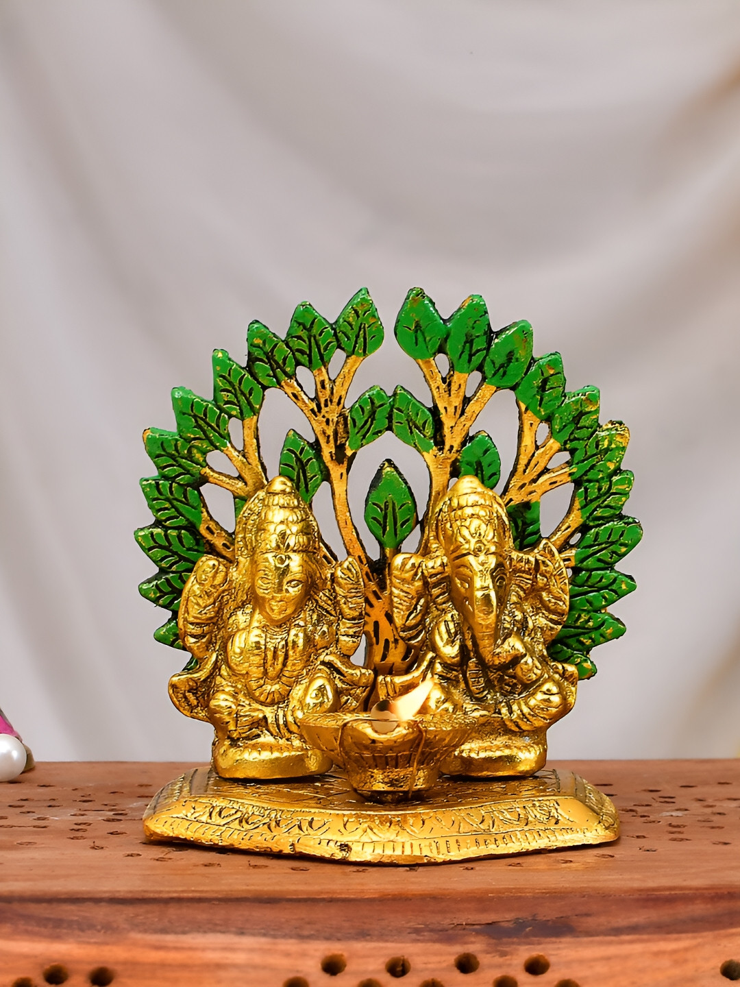 CraftVatika Diya Lakshmi Ganesha Gold Metal Metallic Prayer Room Small Showpiece - 4 Inches