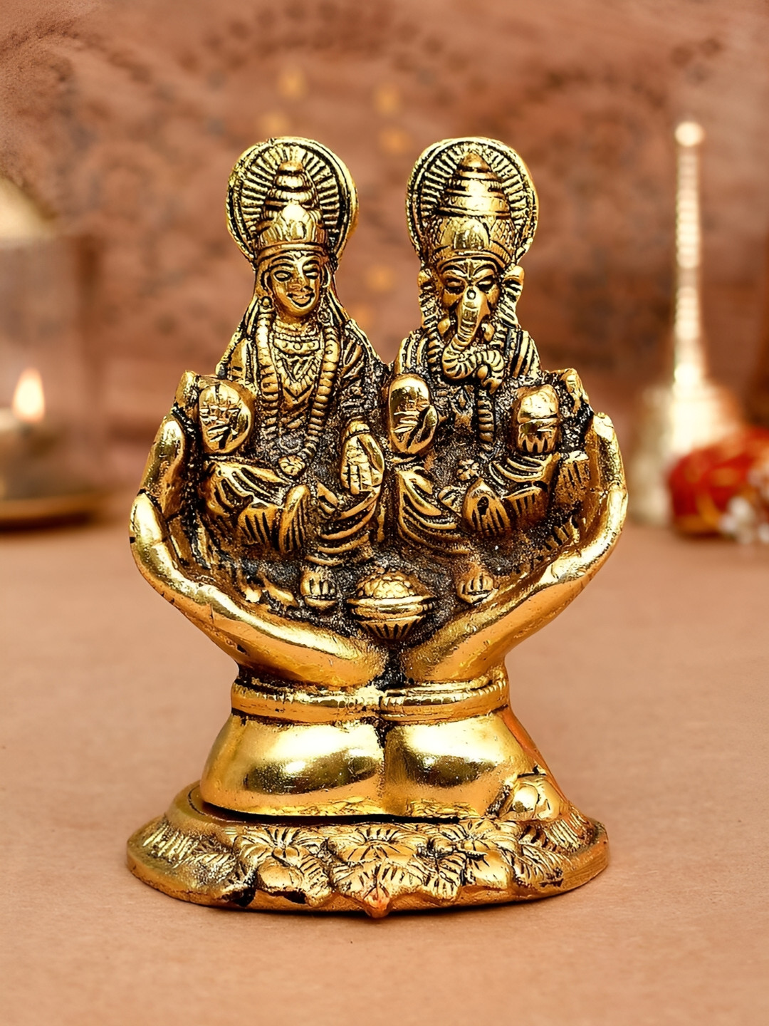 CraftVatika Palm Ganesha Lakshami Gold Metal Metallic Living Room Small Showpiece - 3.9 Inches