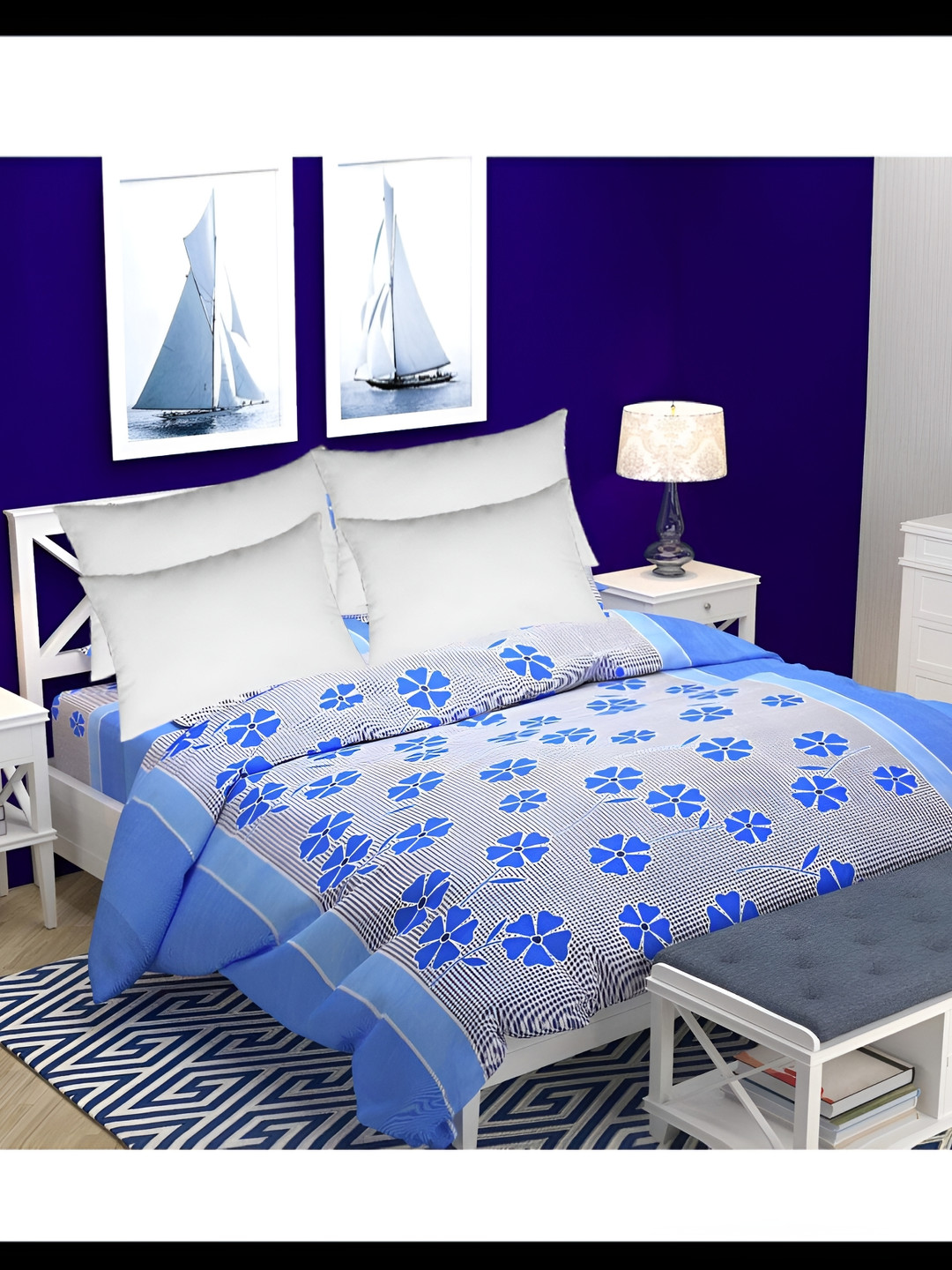 Supreme Home Collective Blue Floral Microfiber 144 TC Queen Bedsheet with 4 Pillow Covers-89 x 79 inches
