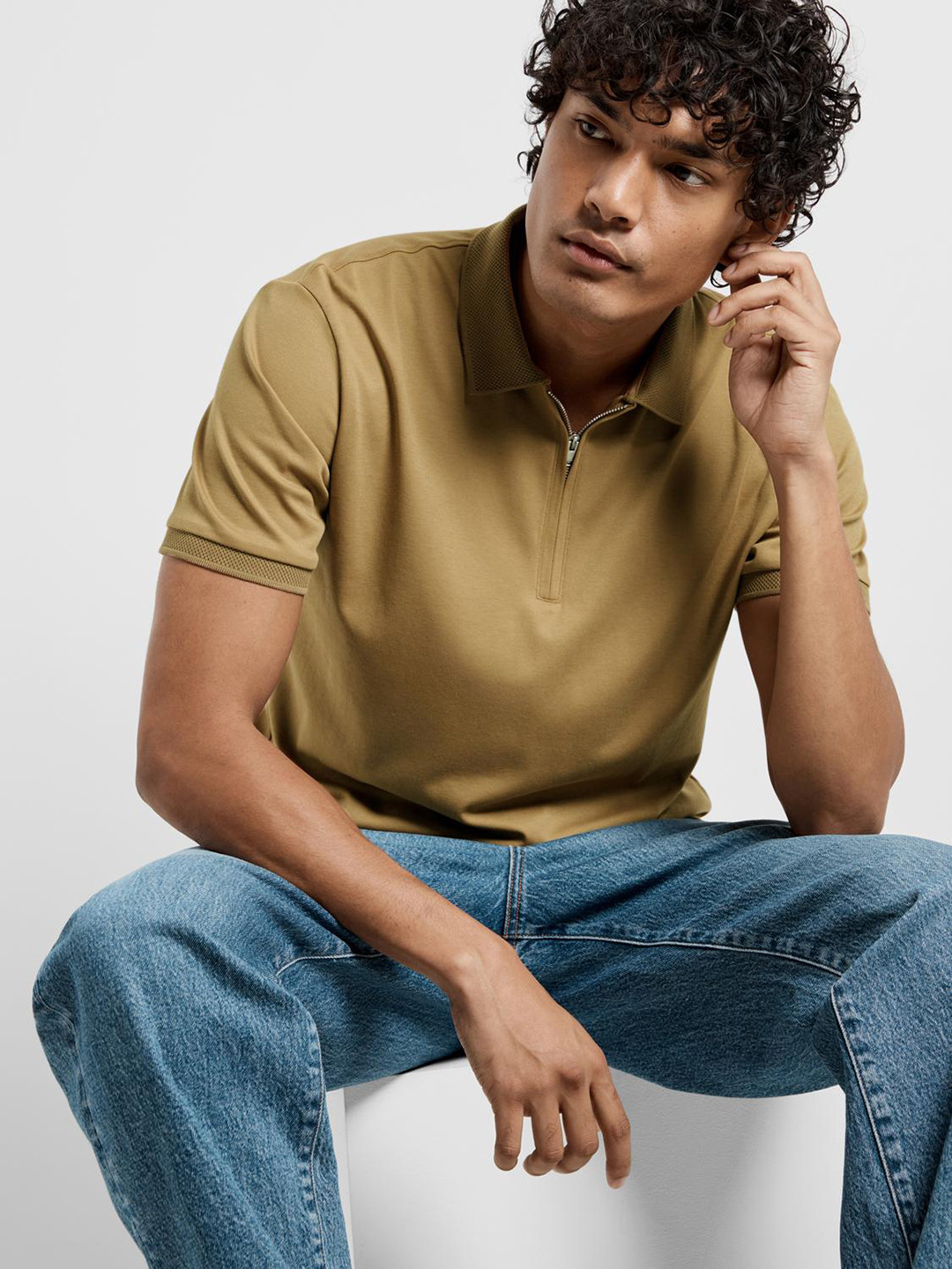 SELECTED Zip-Up Polo Collar Cotton Slim Fit Knitted T-shirt