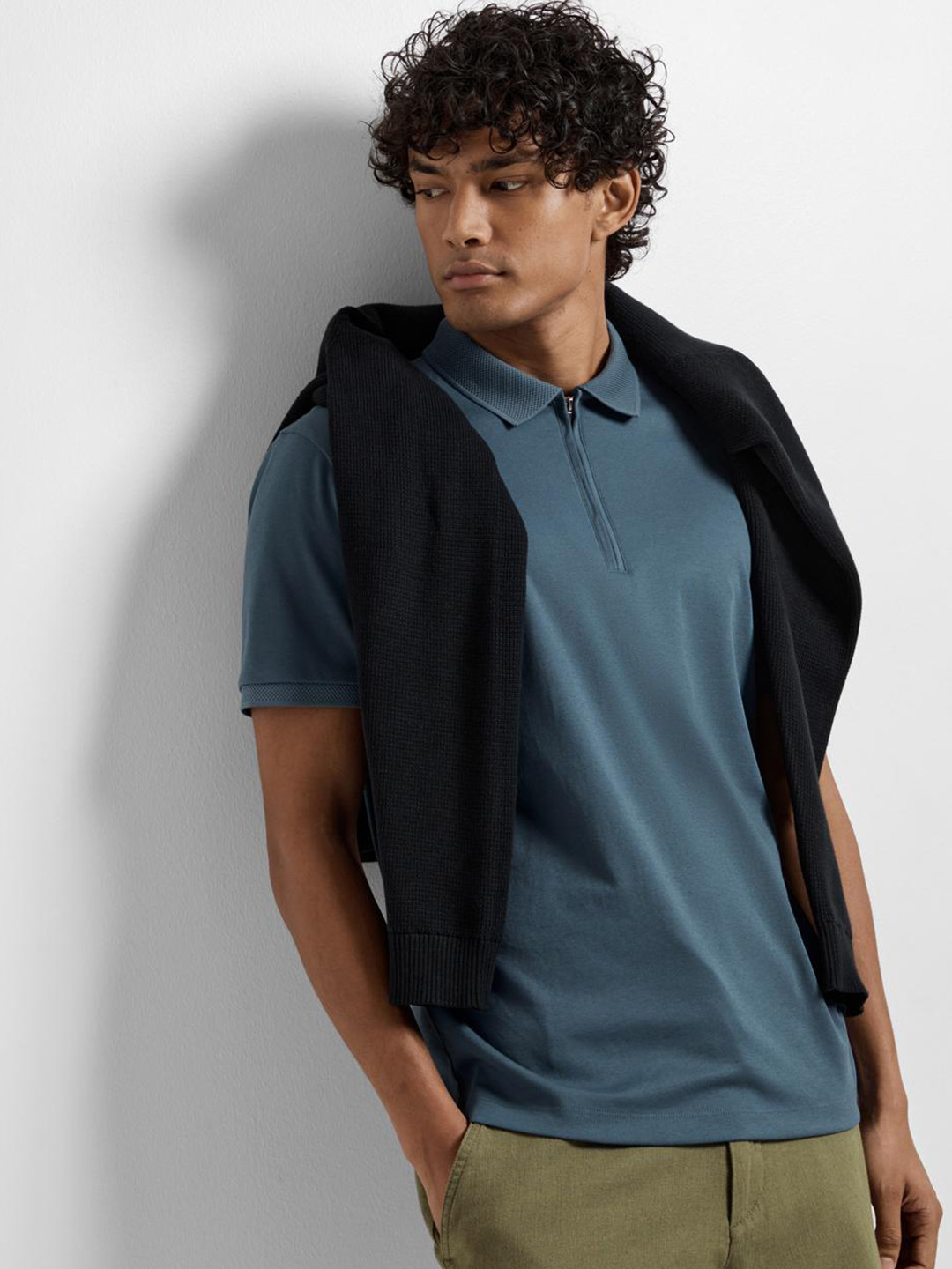 SELECTED Zip-Up Polo Collar Cotton Slim Fit Knitted T-shirt