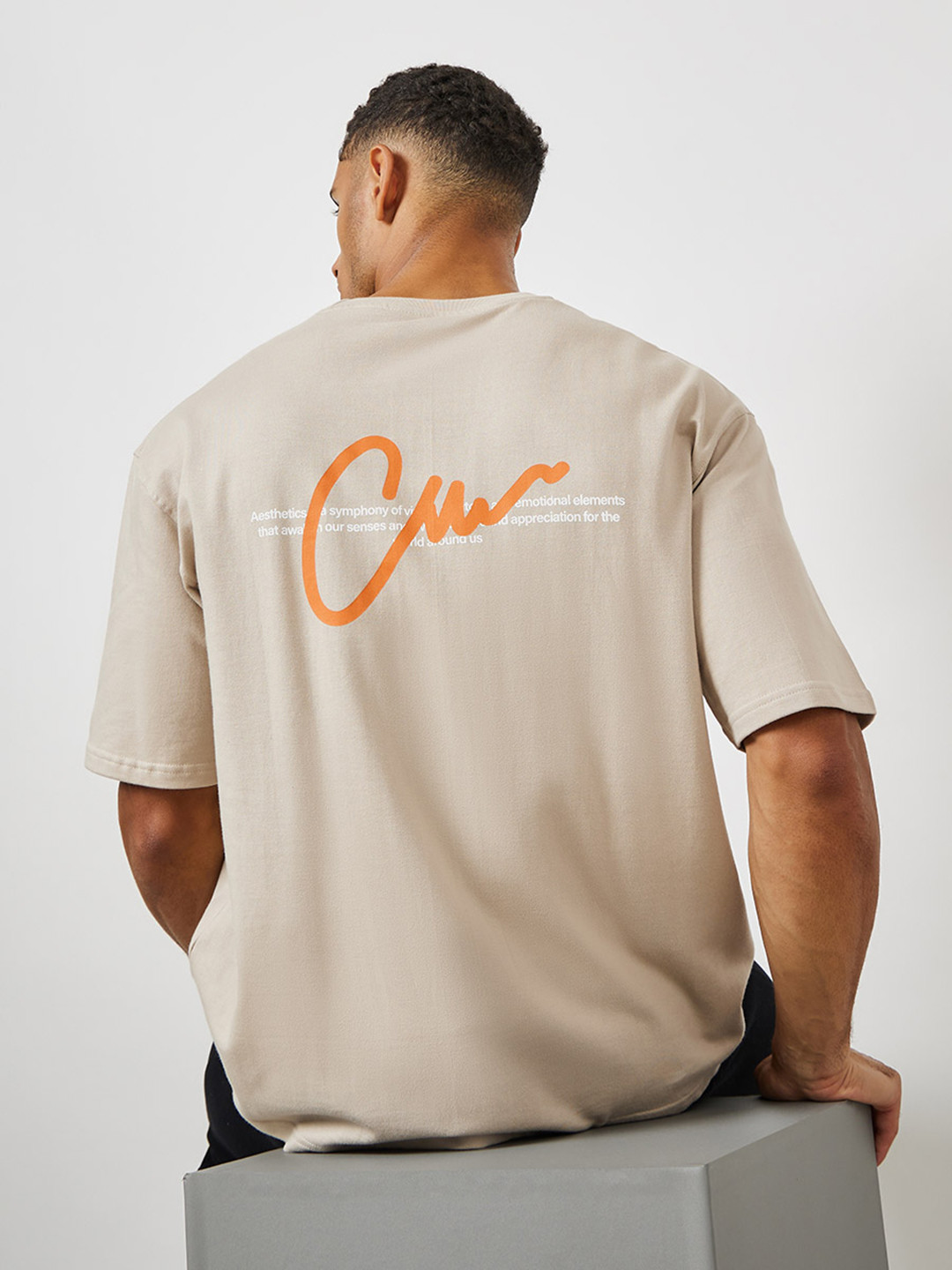 Styli Beige Terry Oversized Front and Back Print T-Shirt