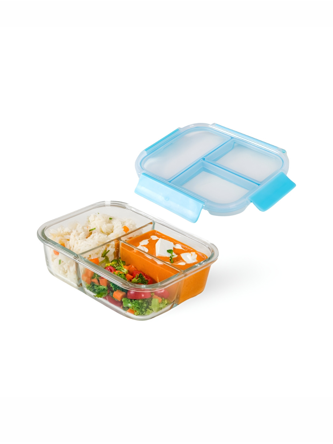 Nestasia Transparent & Blue Glass Microwave Safe Lunch Box 1 Ltr