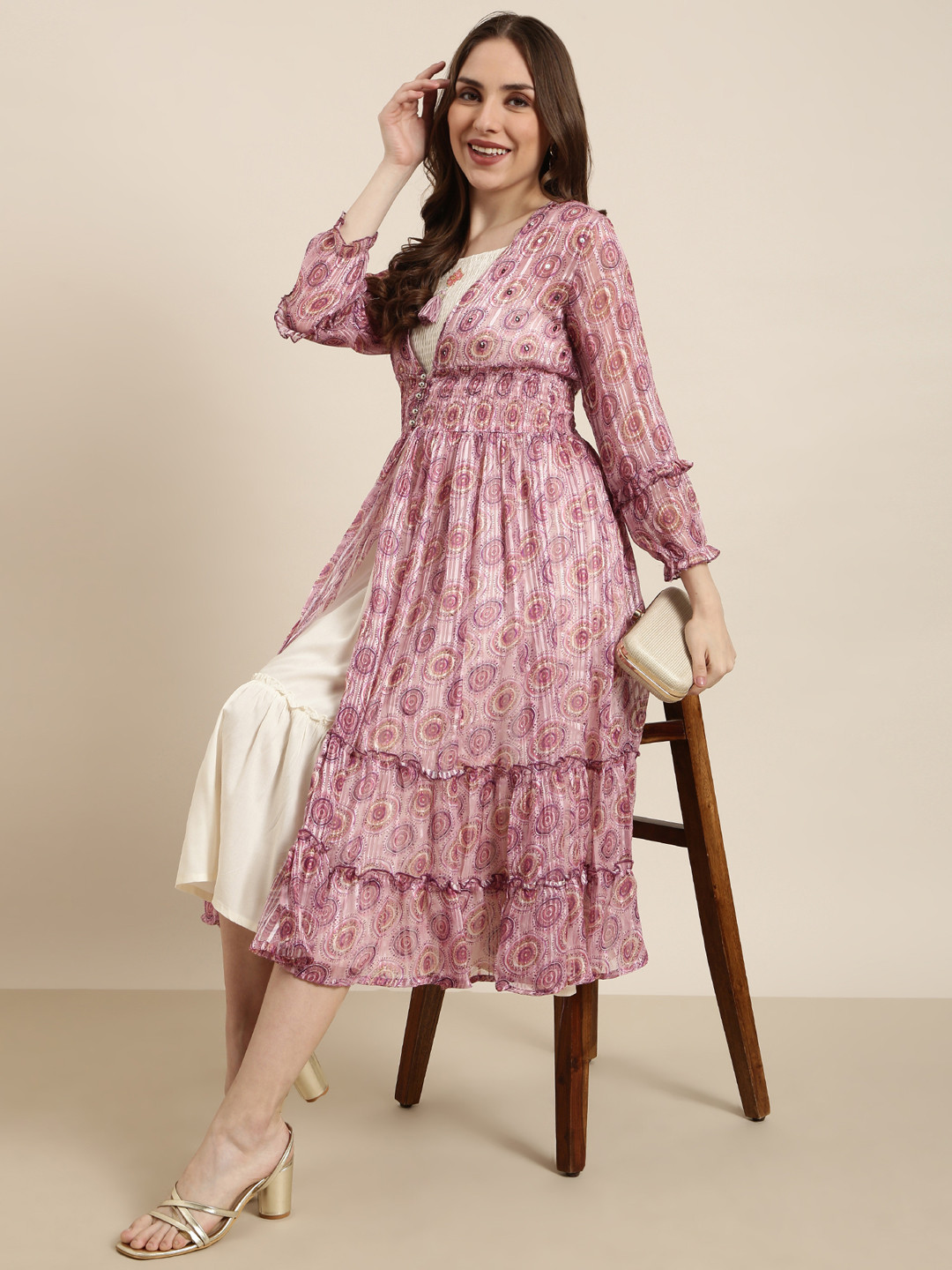 SHOWOFF Floral Printed Puff Sleeve Dress Comes with Over Coat