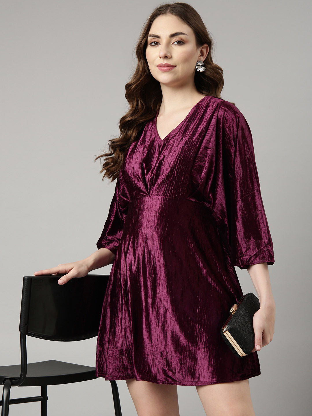 SHOWOFF V-Neck Kimono Sleeves Opaque Fit & Flare Dress