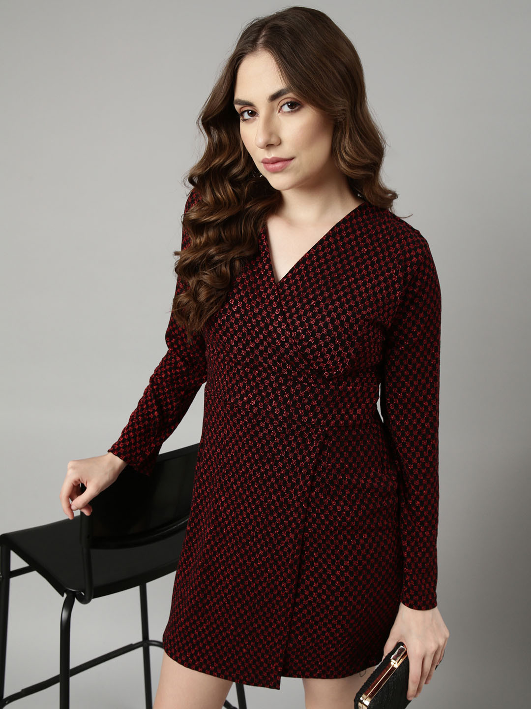 SHOWOFF Polka Dot Print V-Neck Full Sleeves Empire Mini Party Dress
