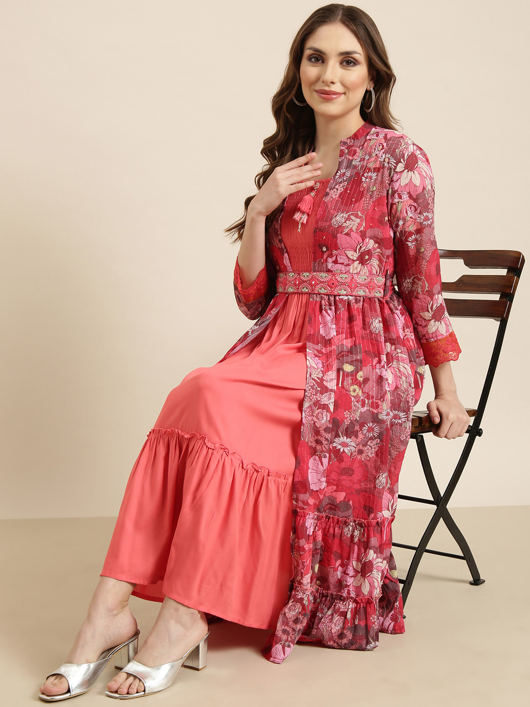 SHOWOFF Floral Shoulder Straps Smocked Tiered Cotton Fit And Flare Dress Over Coat & Belt