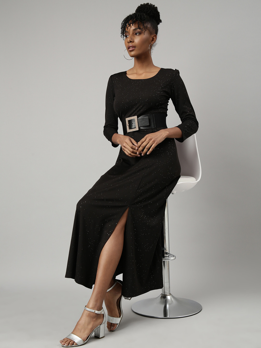 SHOWOFF Round Neck Regular Sleeves Bling & Sparkly Belted Maxi Dress