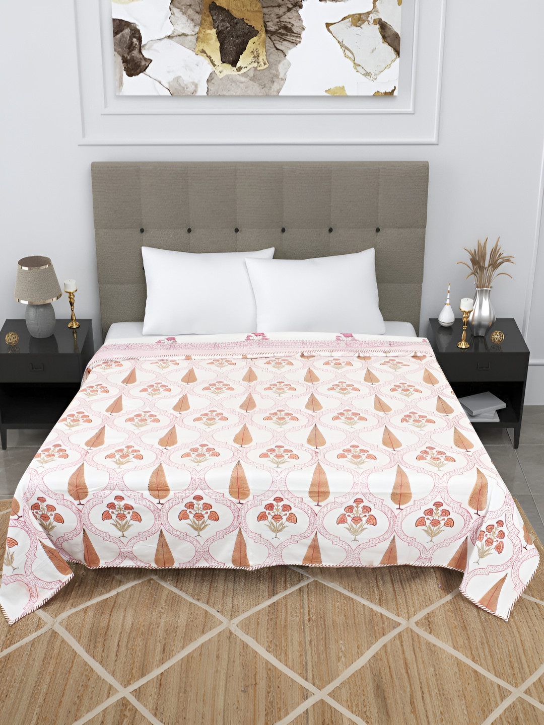 Bohekant White & Pink Floral Organic Cotton AC Room 180 GSM Reversible Double Bed Dohar