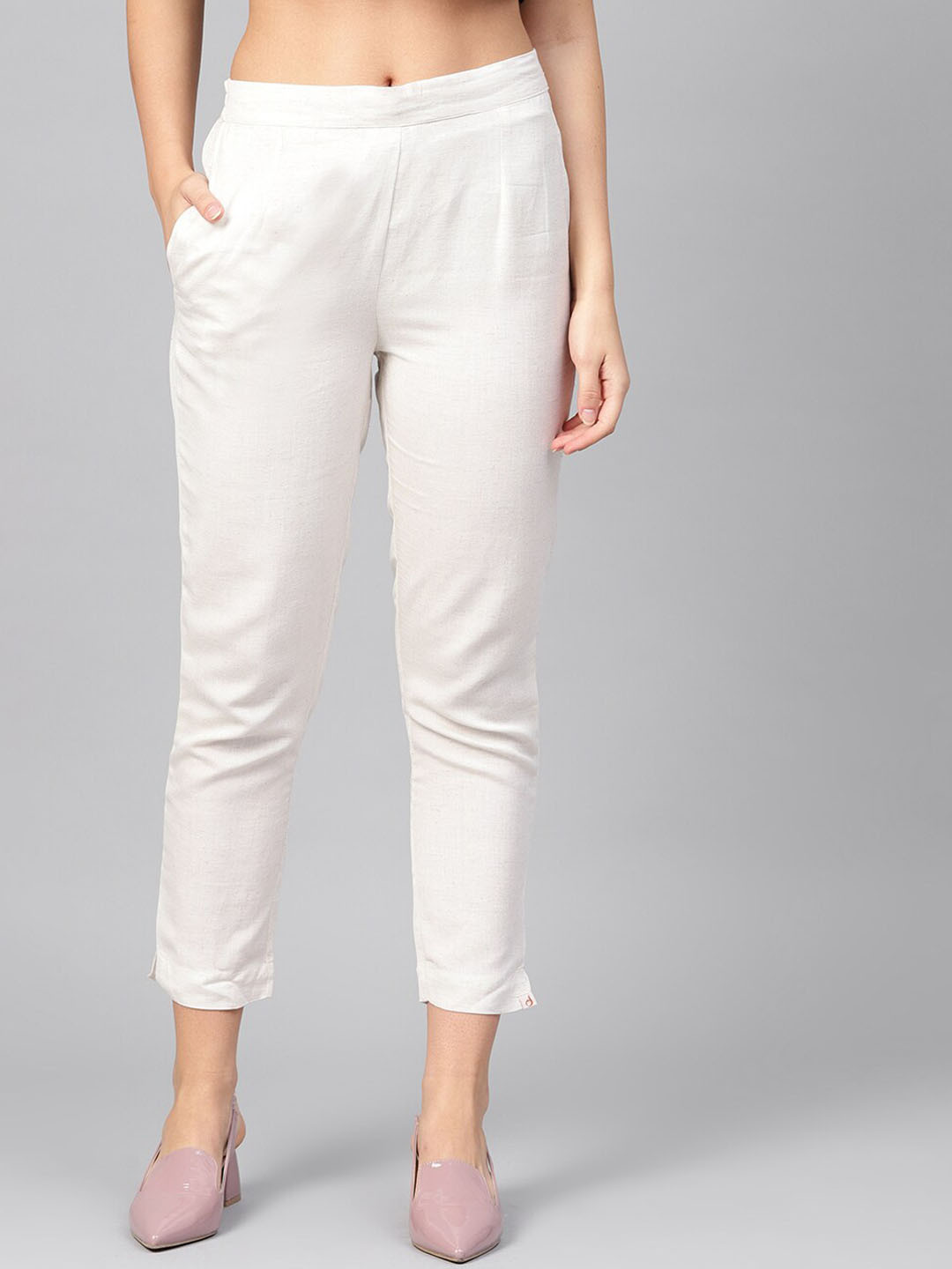 Juniper Women Ivory Solid Rayon Flex Slim Fit Women Pants with Two Pockets