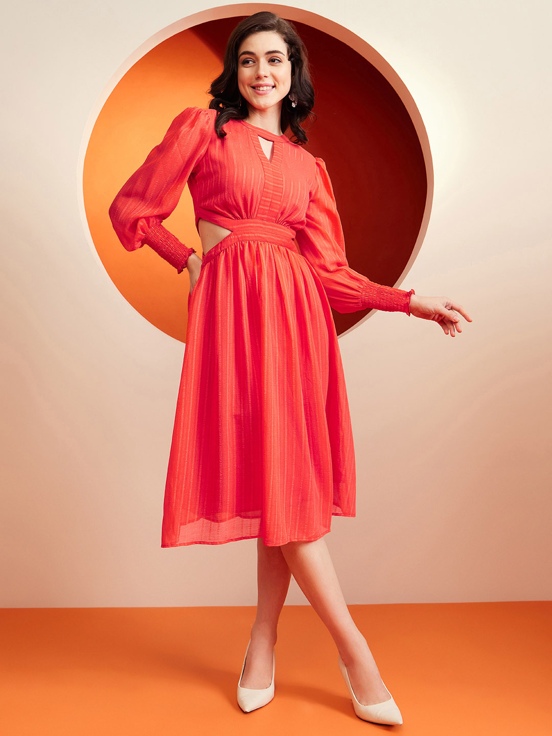 KASSUALLY Orange Long Sleeves Fit & Flare Midi Dress