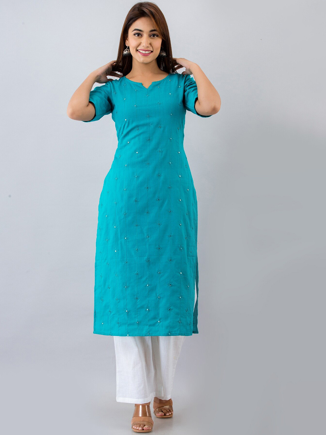 HERE&NOW Striped Embroidered Mirror Work Roll-Up Sleeves Kurta