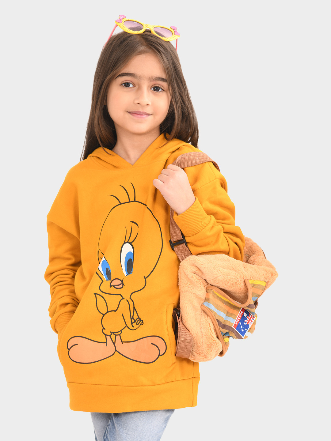 BONKIDS Girls Tweety Printed Hooded Cotton Pullover Sweatshirt