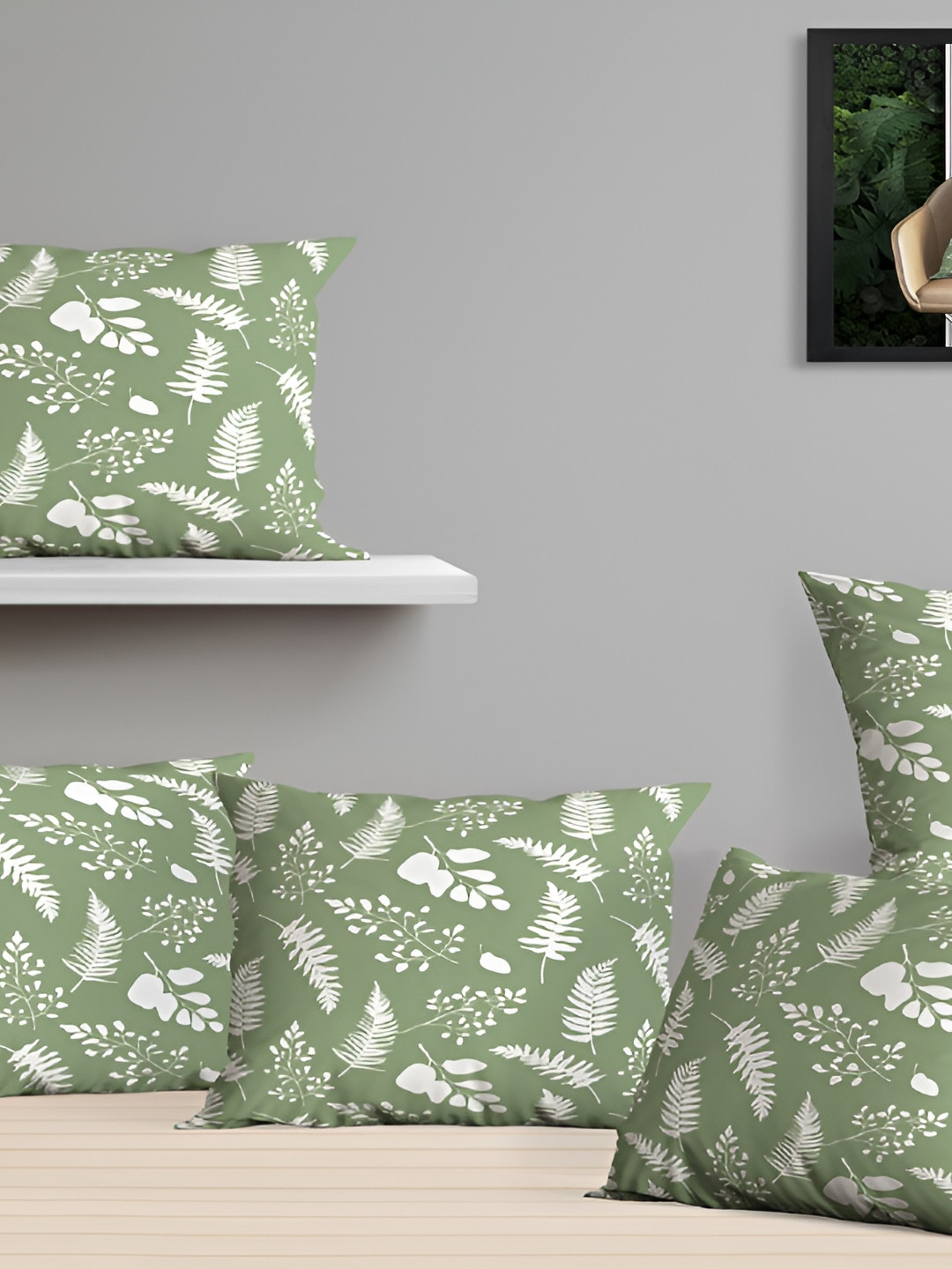 OASIS Green Leaf Cotton Washable 5 Piece Square Cushion Covers -16x16In
