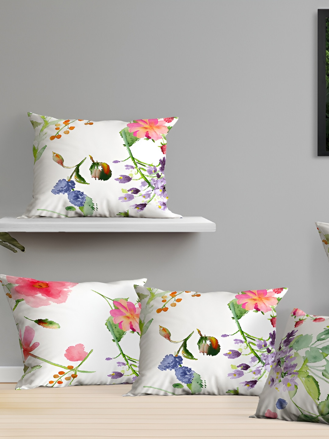 OASIS white & Green 5 Pieces Floral Cotton Square Cushion Covers