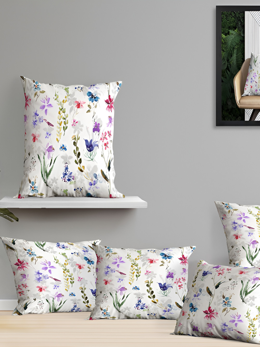 OASIS White & Green 5 Pieces Floral Square Cushion Covers