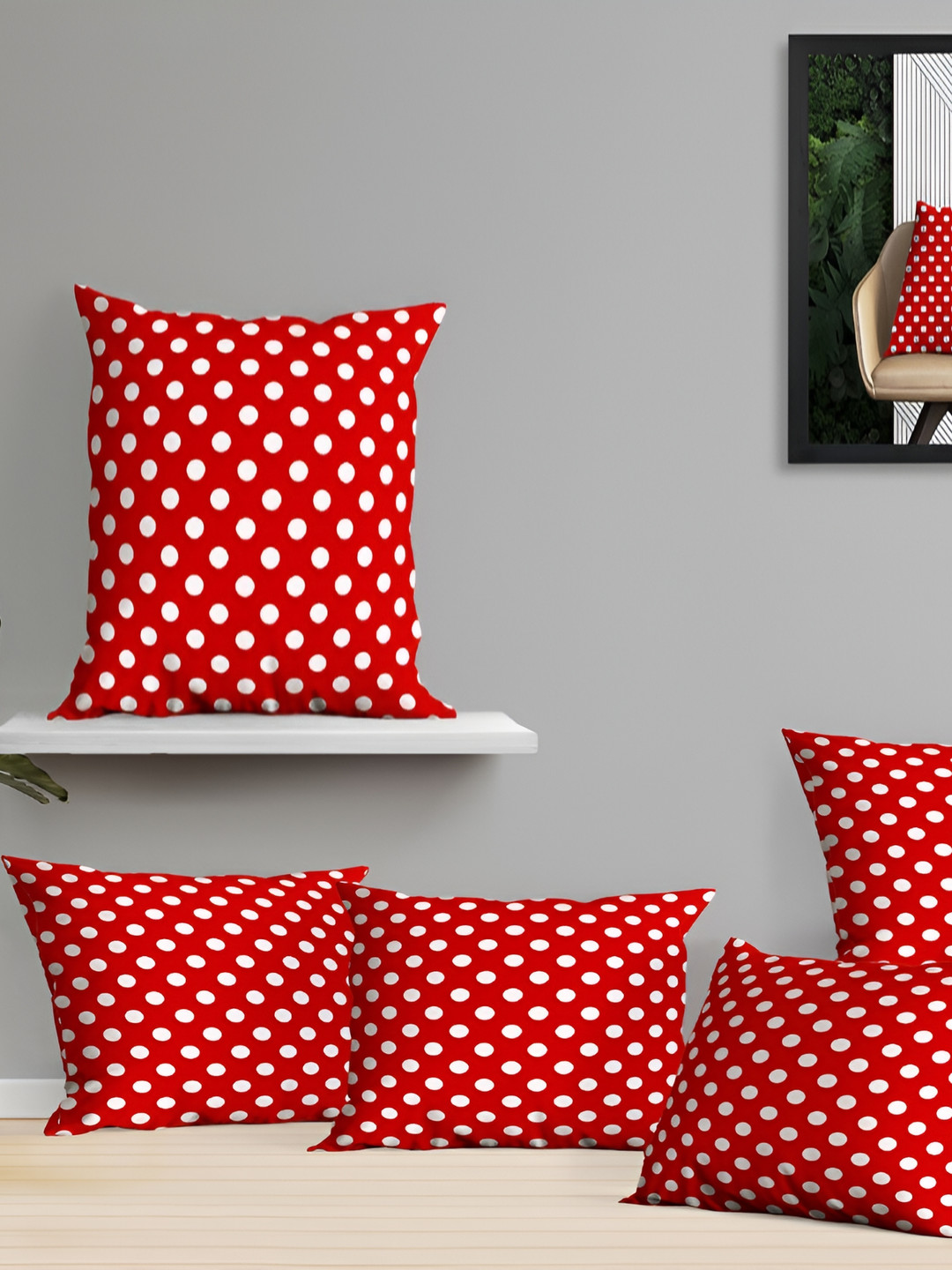 OASIS Red Polka Dots Cotton Breathable 5 Piece Square Cushion Covers - 16 x 16 Inches