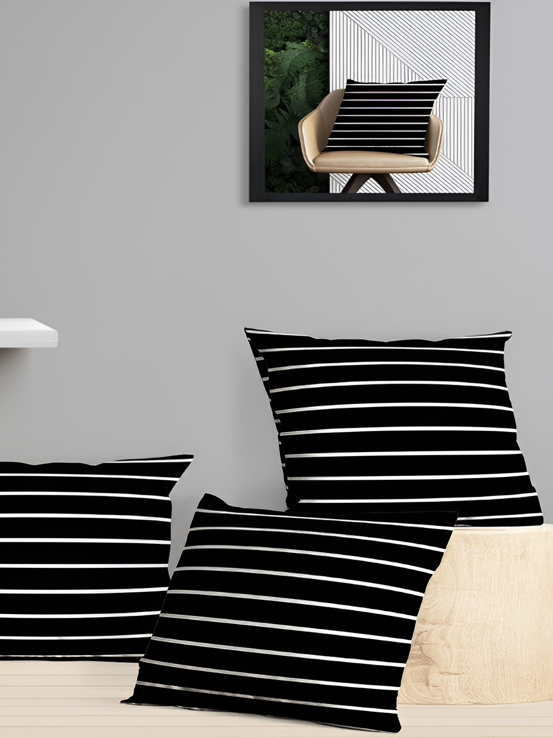 OASIS Black Striped Cotton Breathable 3 Piece Square Cushion Covers - 16 x 16 Inches