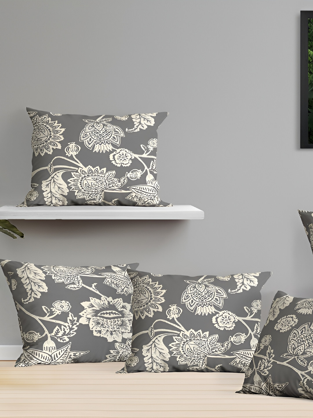OASIS Grey 5 Pieces Floral Cotton Square Cushion Covers