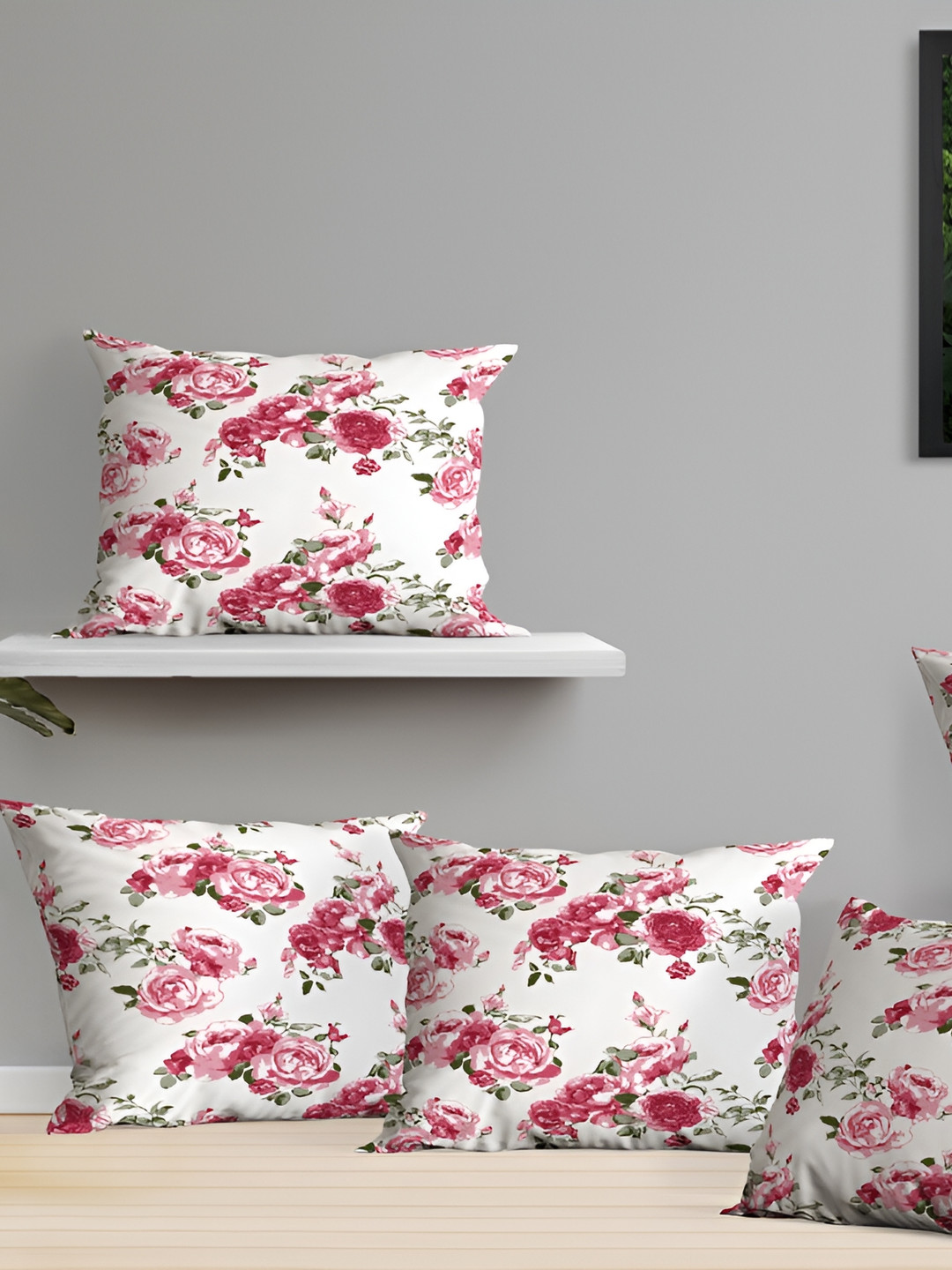 OASIS Rose Floral Cotton Breathable 4 Piece Square Cushion Covers -16x16In