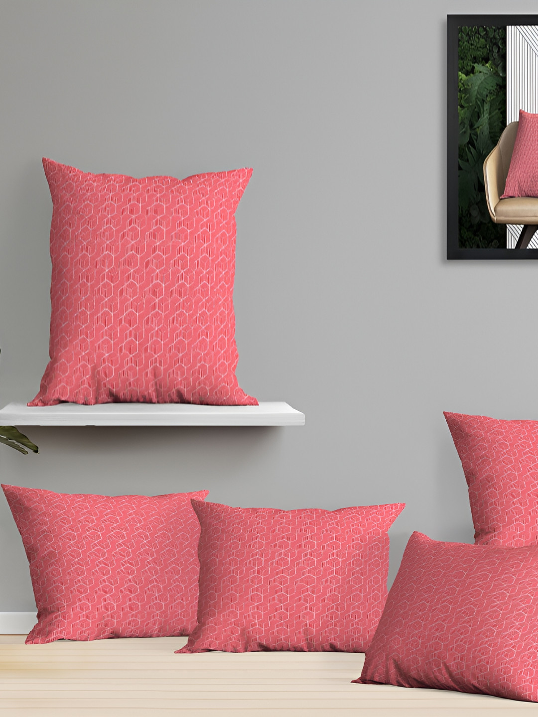 OASIS Red Geometric Polyester Silk Washable 5 Piece Square Cushion Covers -16x16In