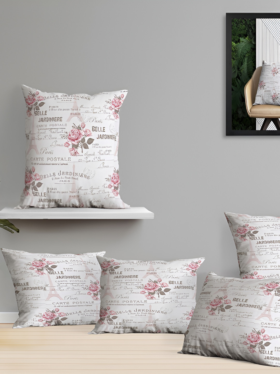 OASIS Rose Floral Cotton Washable 5 Piece Square Cushion Covers -16x16In