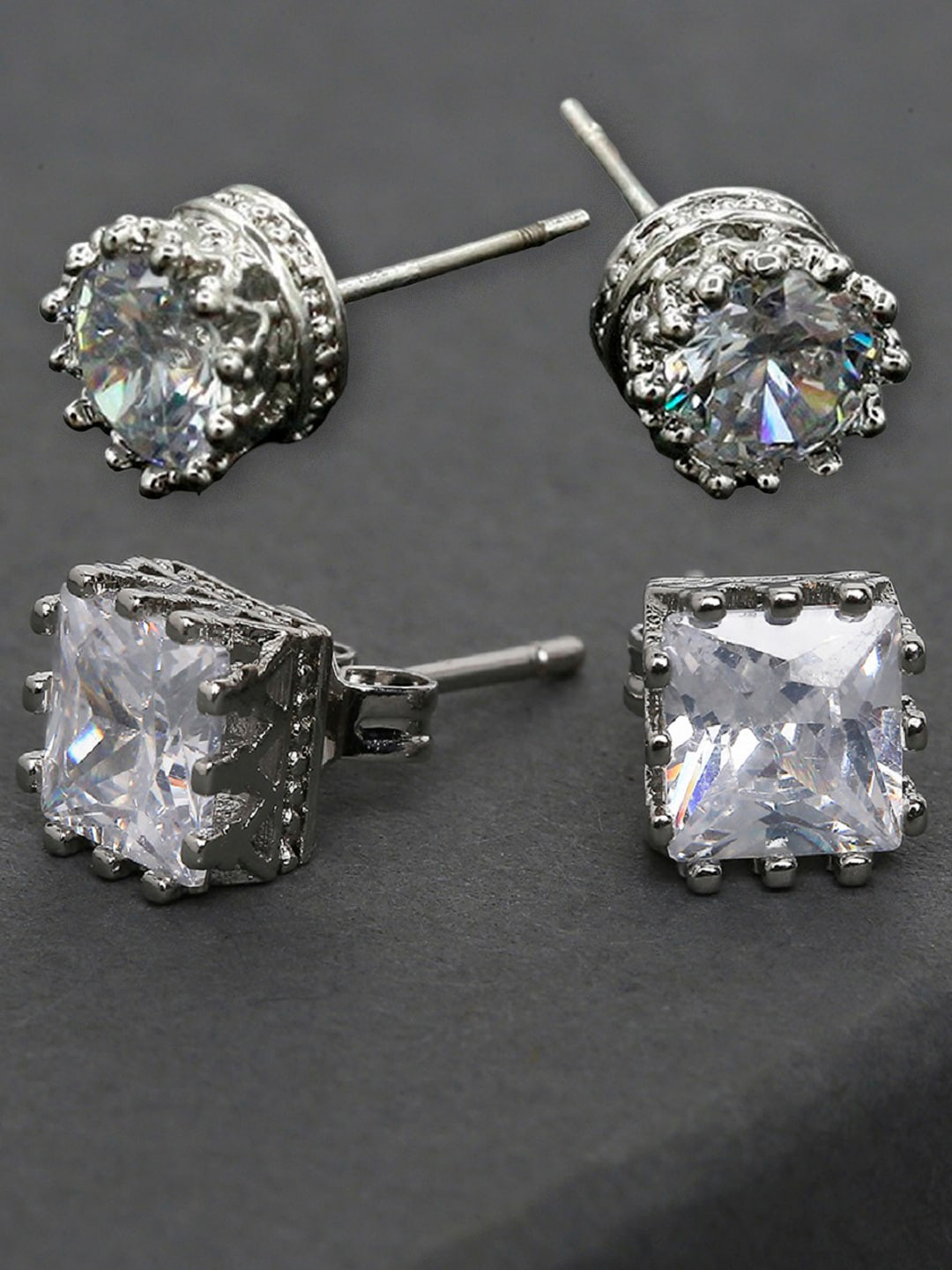 OOMPH Set Of 2 CZ Studded Square Stud Earrings