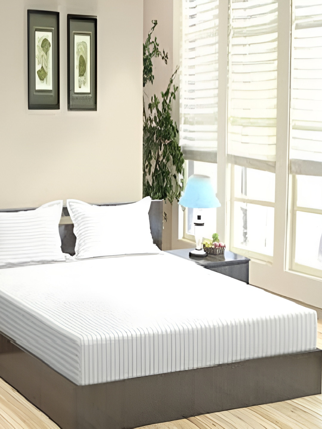 Laying Style White Striped Poly Satin 160 TC Queen Bedsheet with 2 Pillow Covers-180 x 195 cm