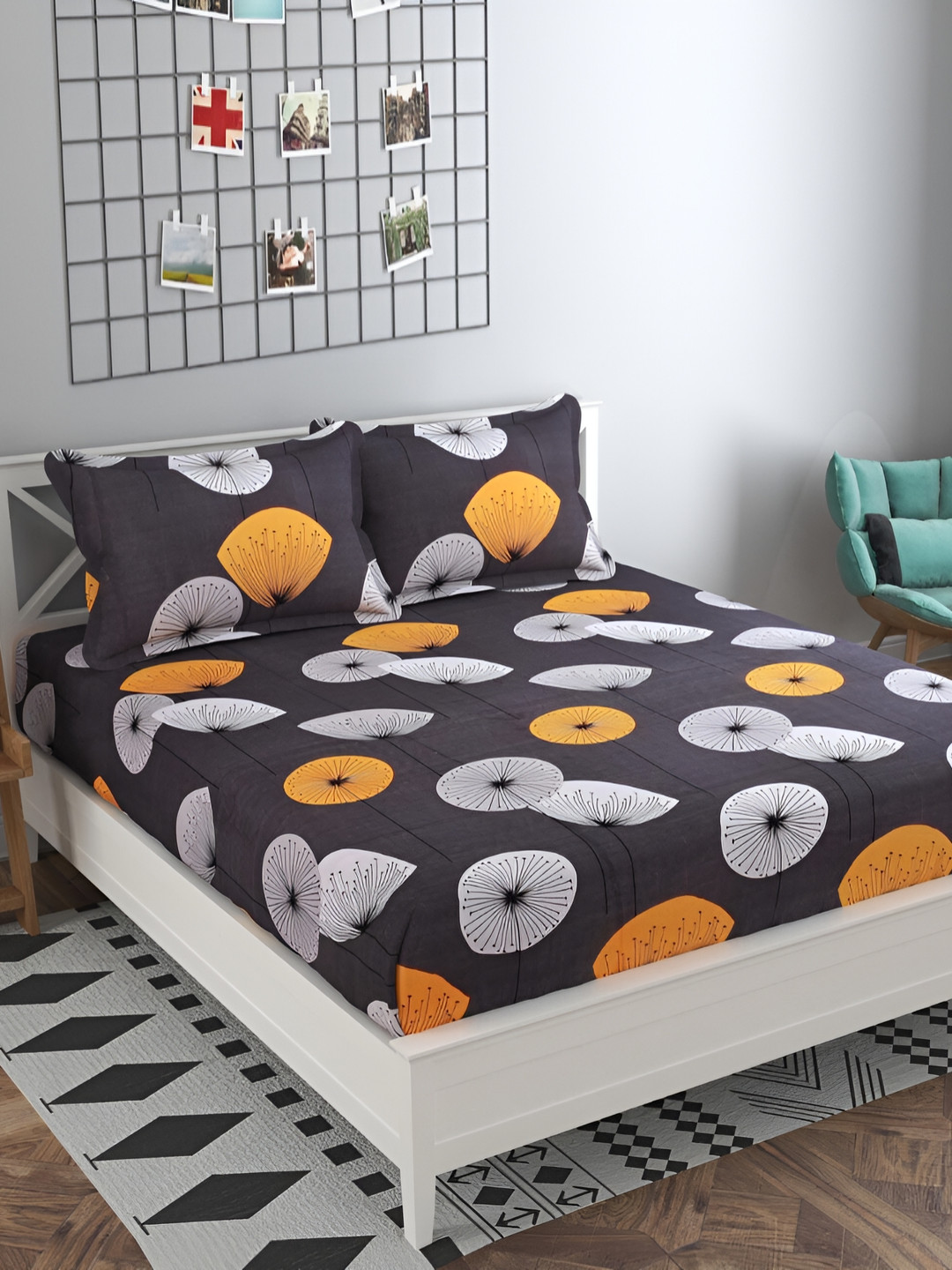 Laying Style Brown Floral Cotton 350 TC Fitted Queen Fine Bedsheet with 2 Pillow Covers-71 x 77 inches