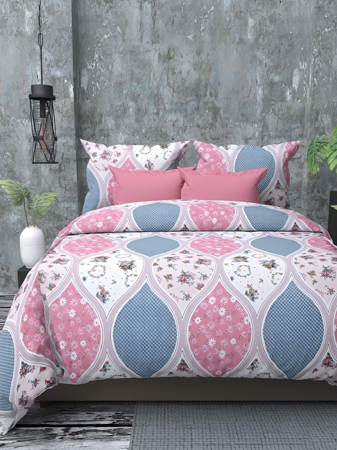 Laying Style White Ethnic Motifs Microfiber 350 TC Queen Fine Bedsheet with 2 Pillow Covers-180 x 195 x 20 cm
