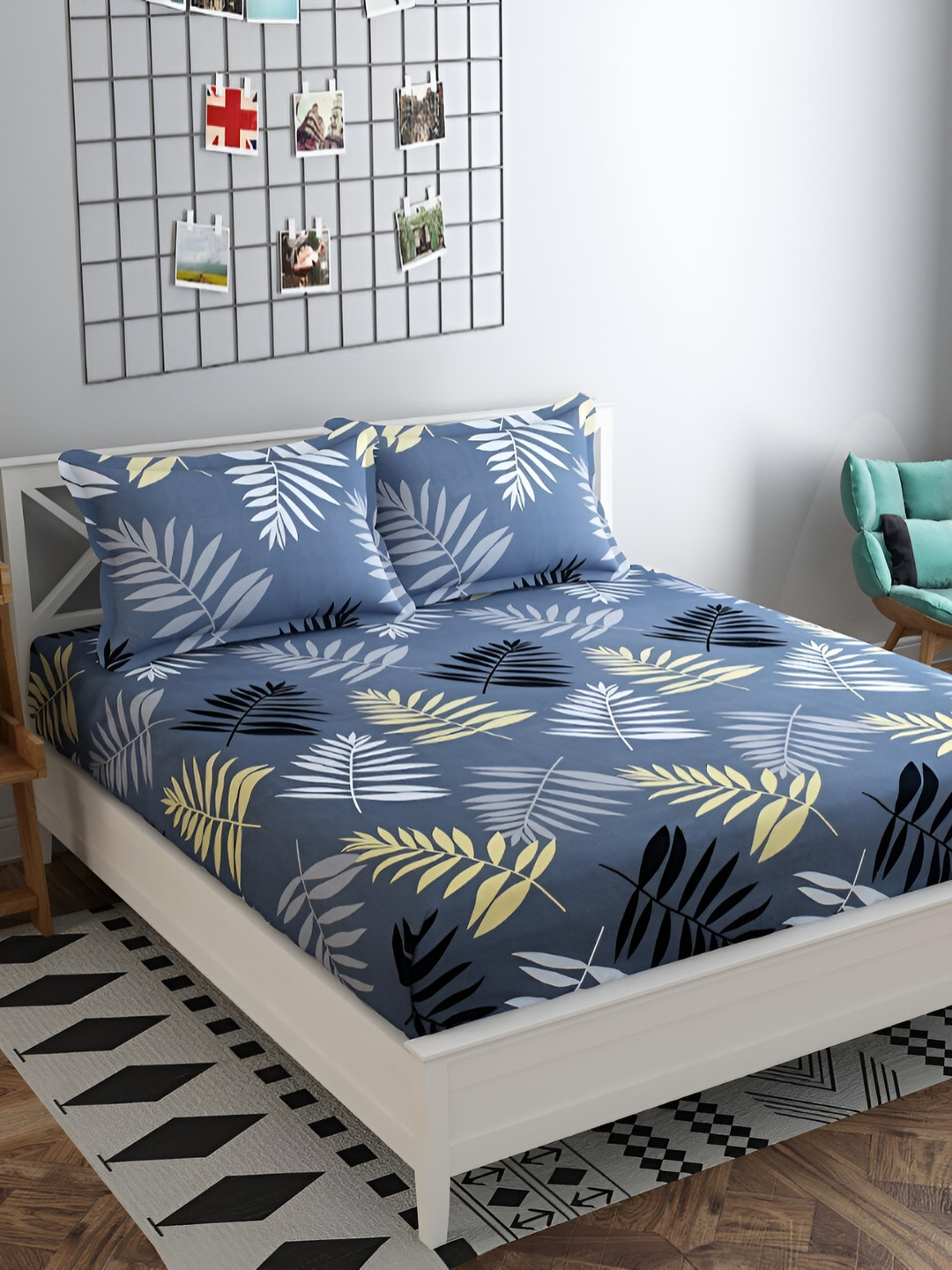 Laying Style Blue Leaf Cotton 350 TC Queen Fine Bedsheet with 2 Pillow Covers-91.44 x 182.88 x 15.24 cm