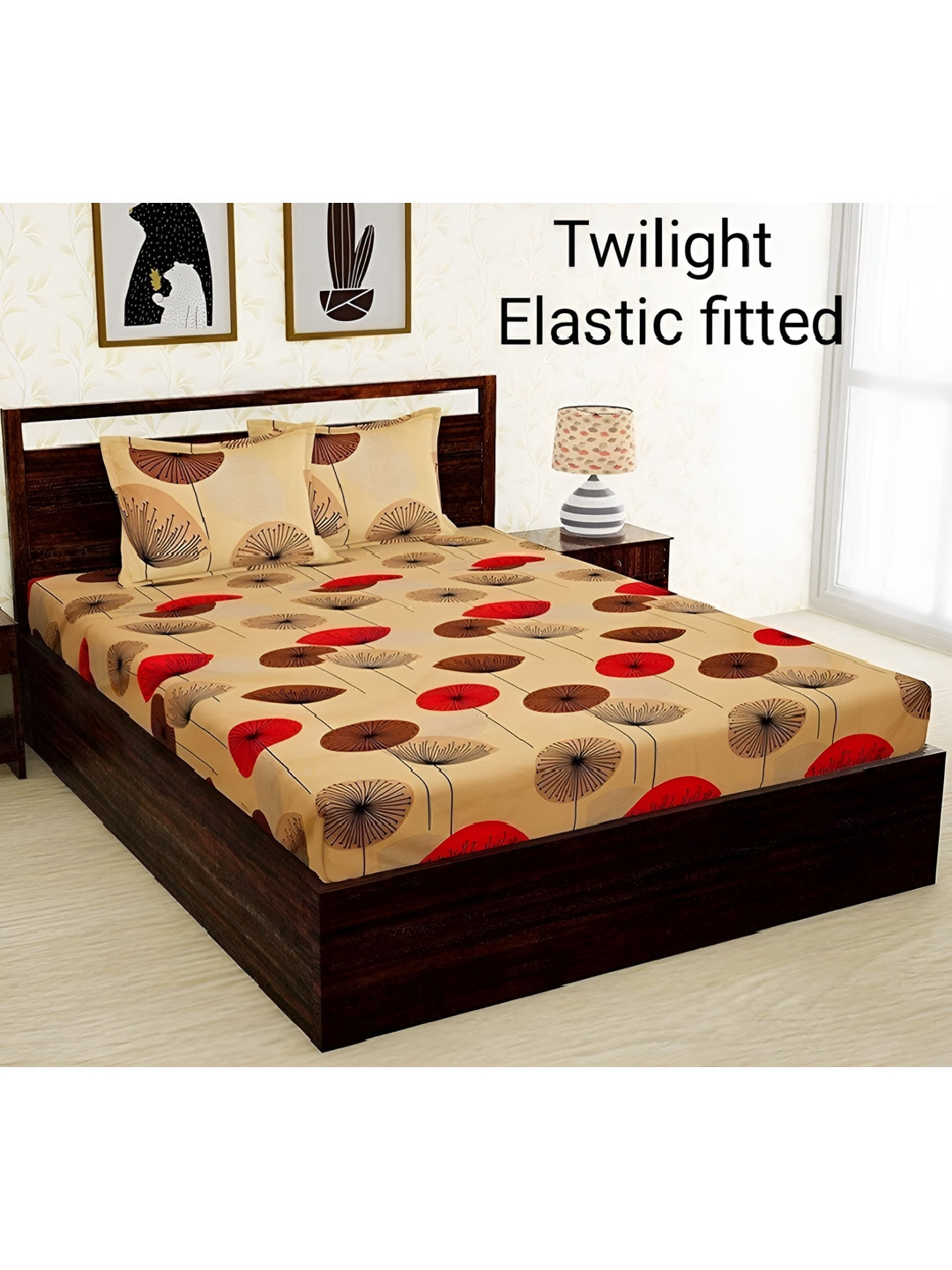 Laying Style Red Floral Cotton 350 TC Fitted Queen Fine Bedsheet with 2 Pillow Covers-71 x 77 inches