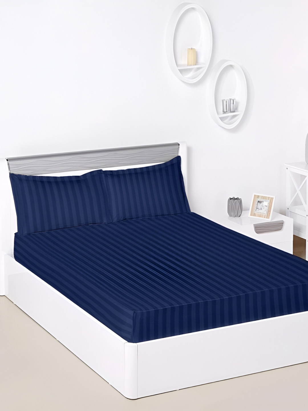 Laying Style Royal Passion Blue Striped Poly Satin 160 TC Fitted Queen Bedsheet with 2 Pillow Covers-11 x 7 inches