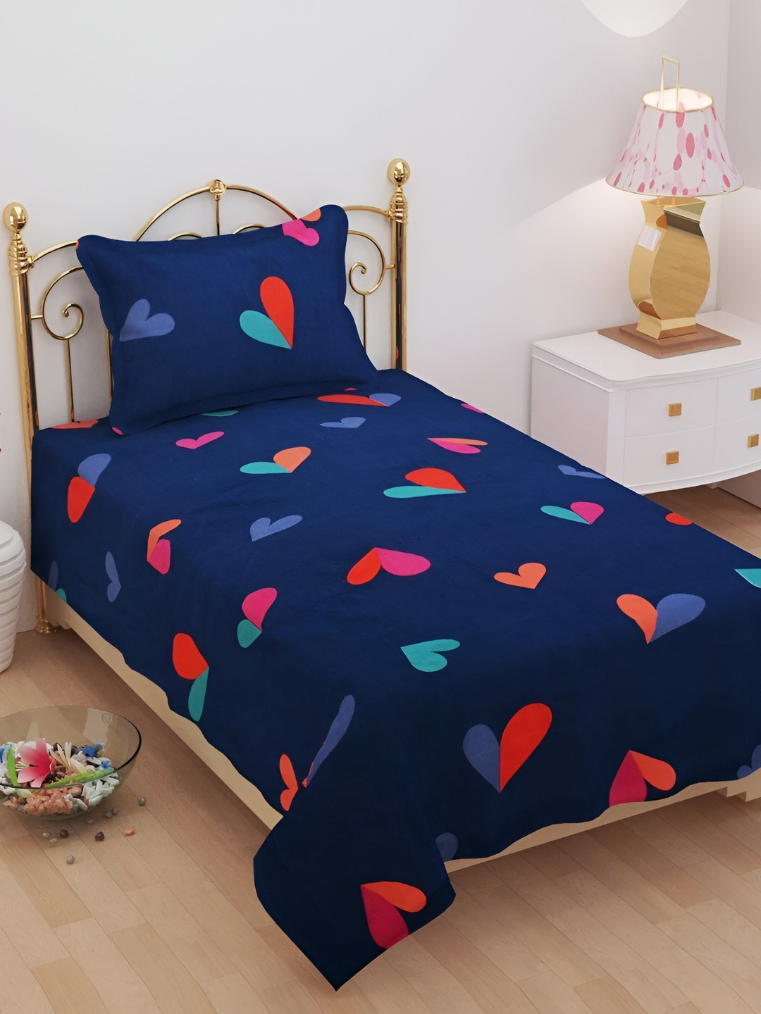 Laying Style Blue Conversational Cotton 160 TC Queen Bedsheet with 2 Pillow Covers-89 x 59 inches