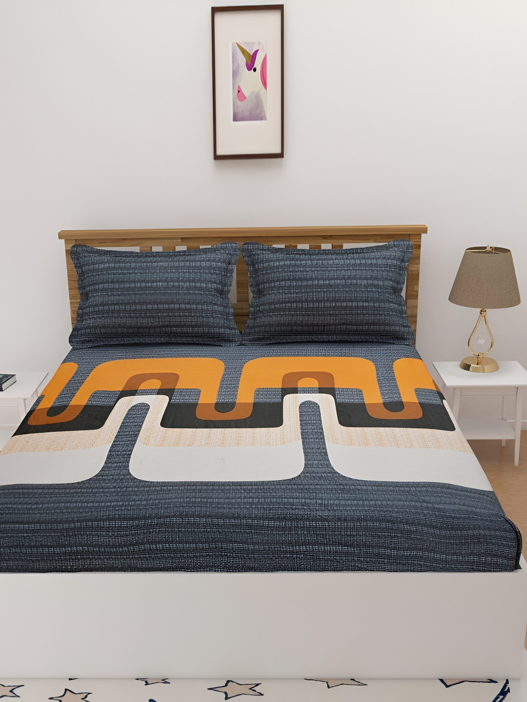 Laying Style Grey Abstract Cotton 350 TC Fitted Queen Fine Bedsheet with 2 Pillow Covers-98 x 87 inches