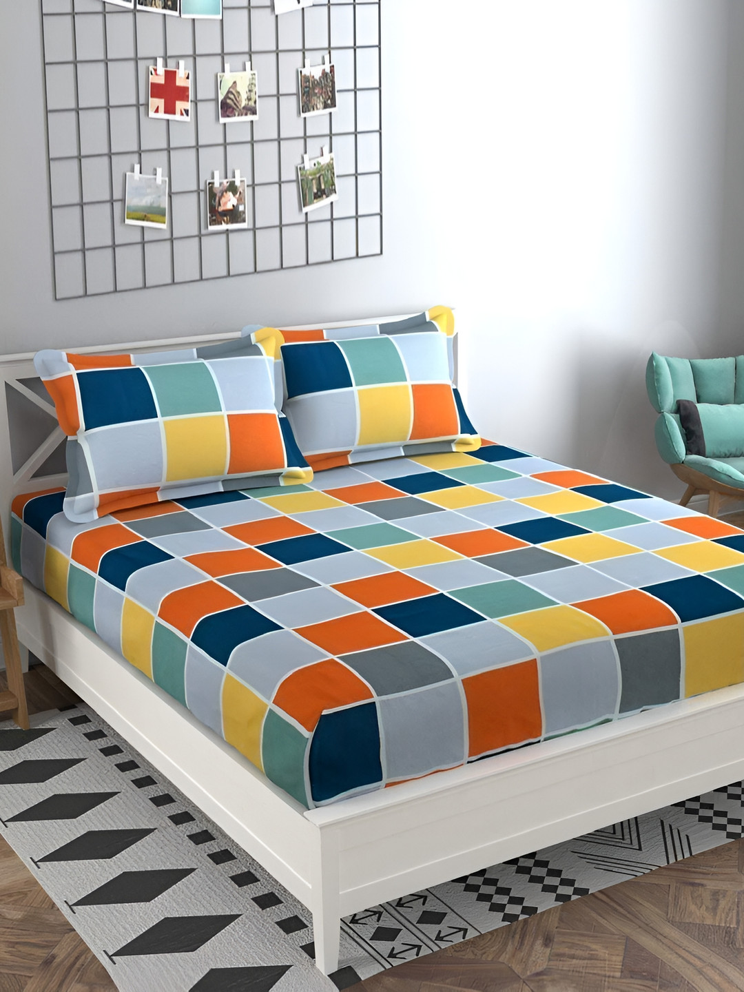 Laying Style Blue Checked Polycotton 350 TC Queen Fine Bedsheet with 2 Pillow Covers-98 x 87 inches
