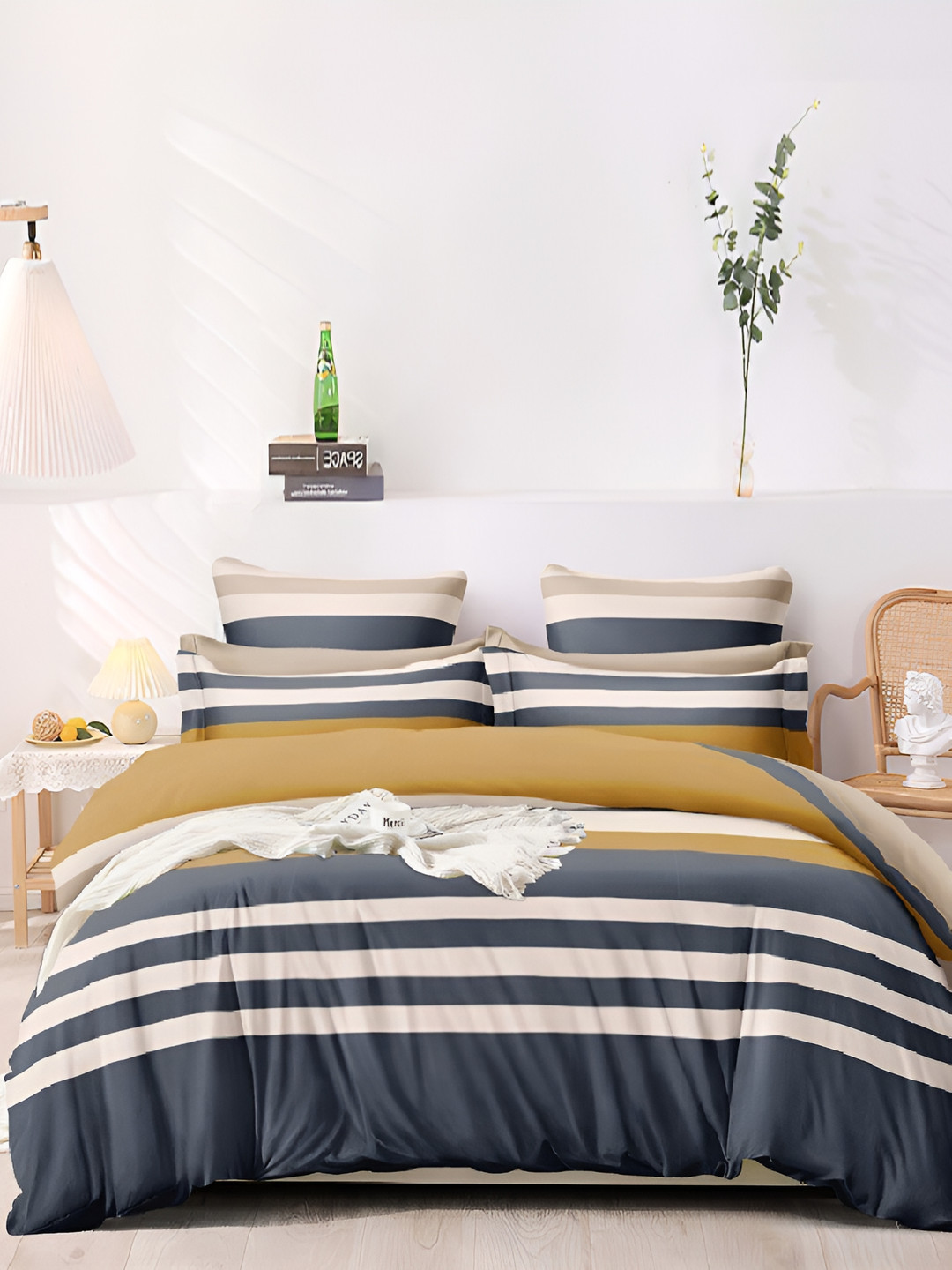 Laying Style Yellow Striped Cotton Skin-Friendly 160 TC Queen Bedsheet with 2 Pillow Covers-275 x 275 cm