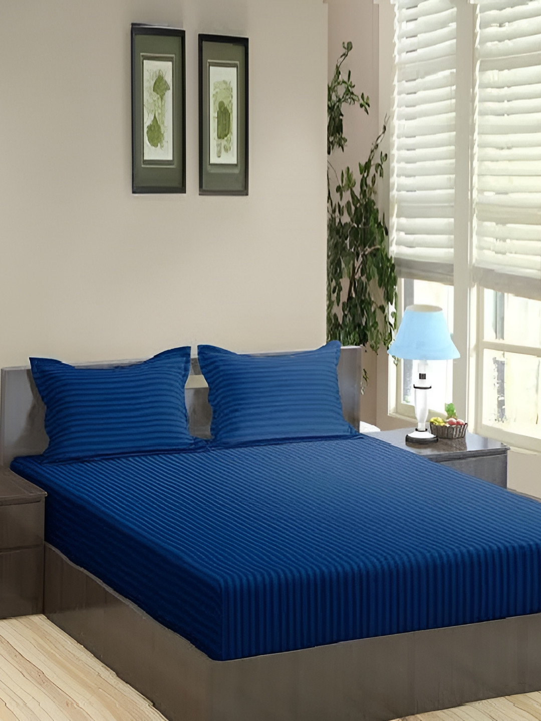 Laying Style Opulence Blue Striped Polycotton 160 TC Fitted Queen Bedsheet with 2 Pillow Covers-190 x 180 cm