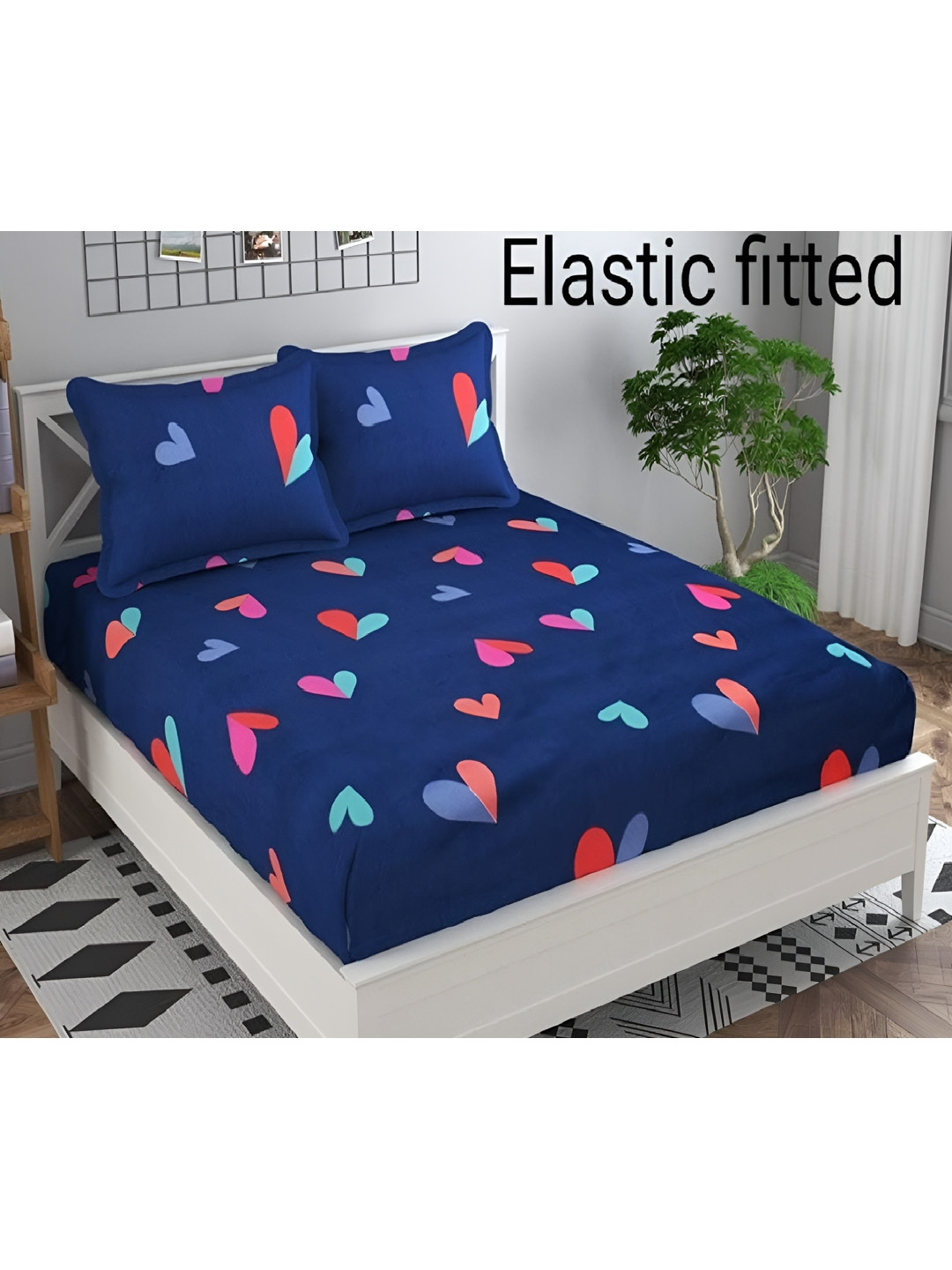 Laying Style Blue Graphic Cotton 210 TC Fitted Queen Fine Bedsheet with 2 Pillow Covers-190 x 180 x 20 cm