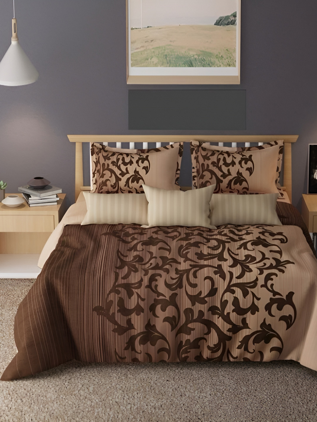 Laying Style Brown Ethnic Motifs Polycotton 350 TC Queen Superfine Bedsheet with 2 Pillow Covers-89 x 98 inches
