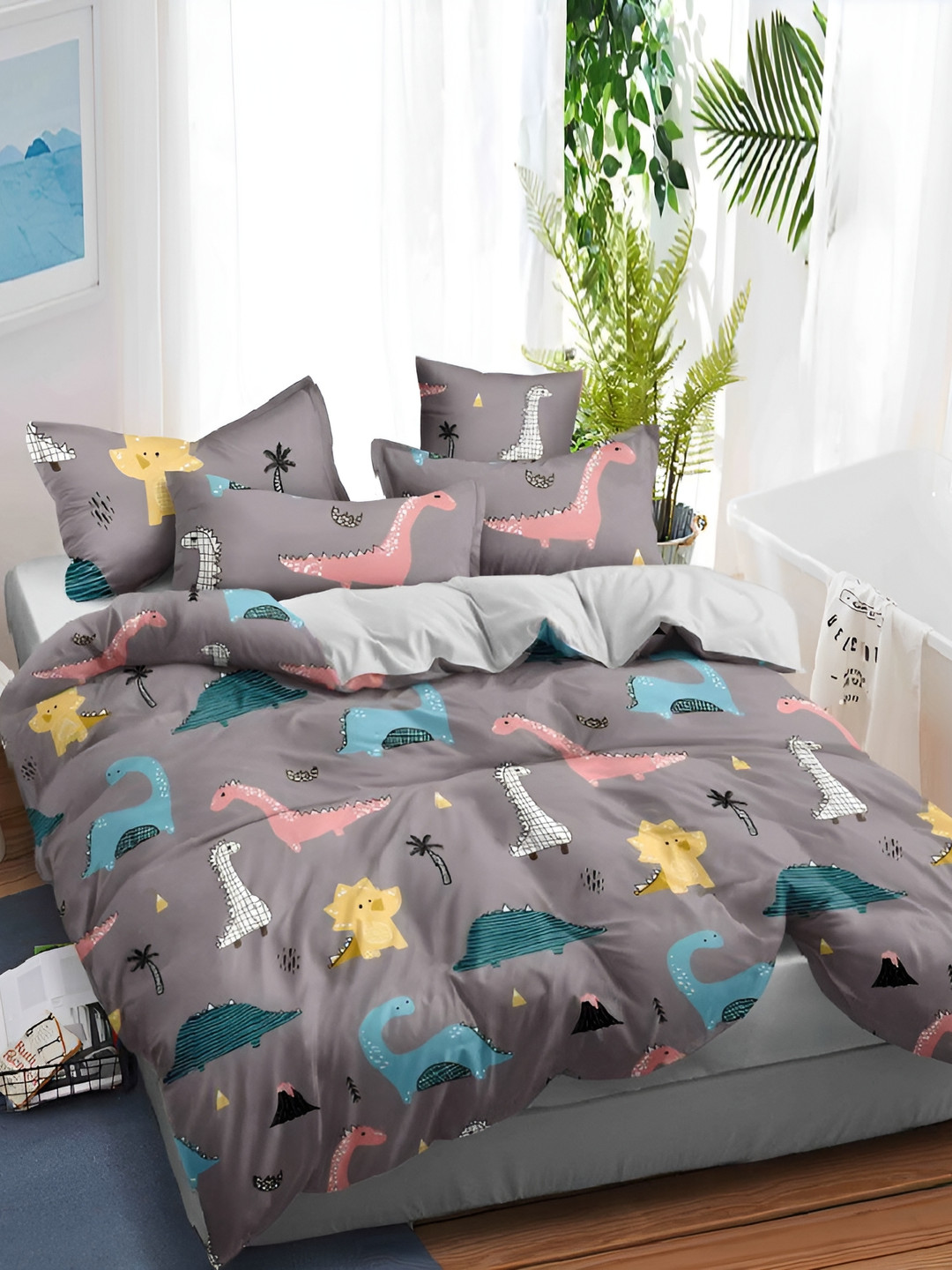 Laying Style Grey Cartoon Characters Cotton 160 TC Double Bedsheet with 2 Pillow Covers-89 x 89 inches