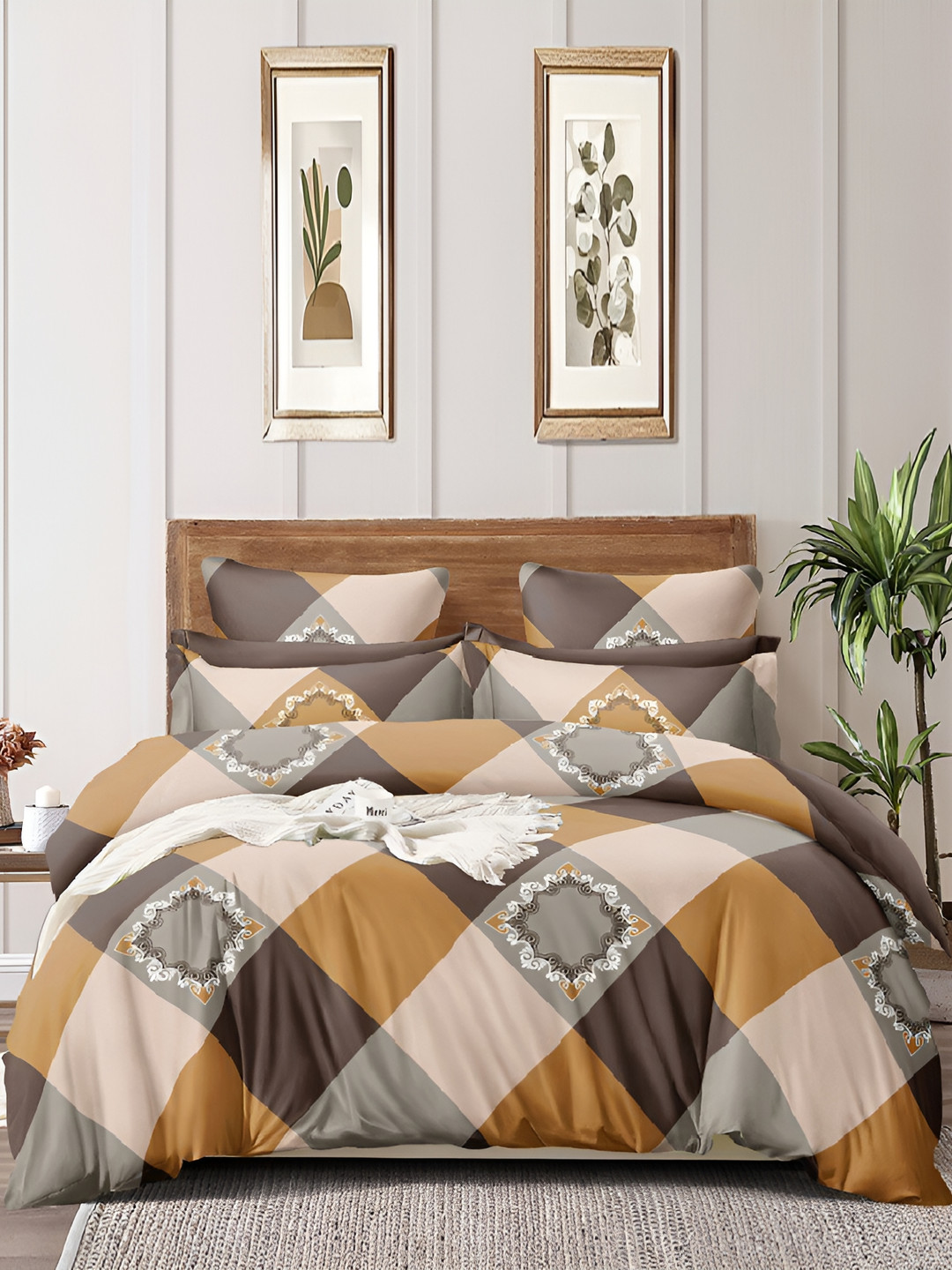 Laying Style Brown Ethnic Motifs Cotton 160 TC Queen Superfine Bedsheet with 2 Pillow Covers-71 x 63 inches